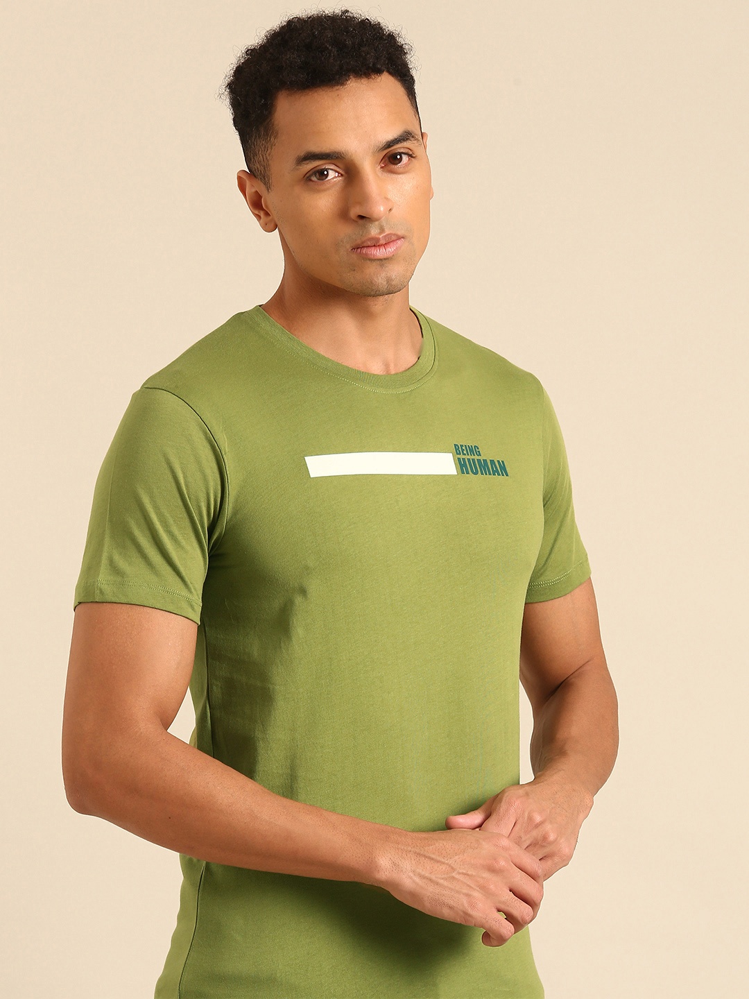 

Being Human Pure Cotton T-shirt with Minimal Print, Green