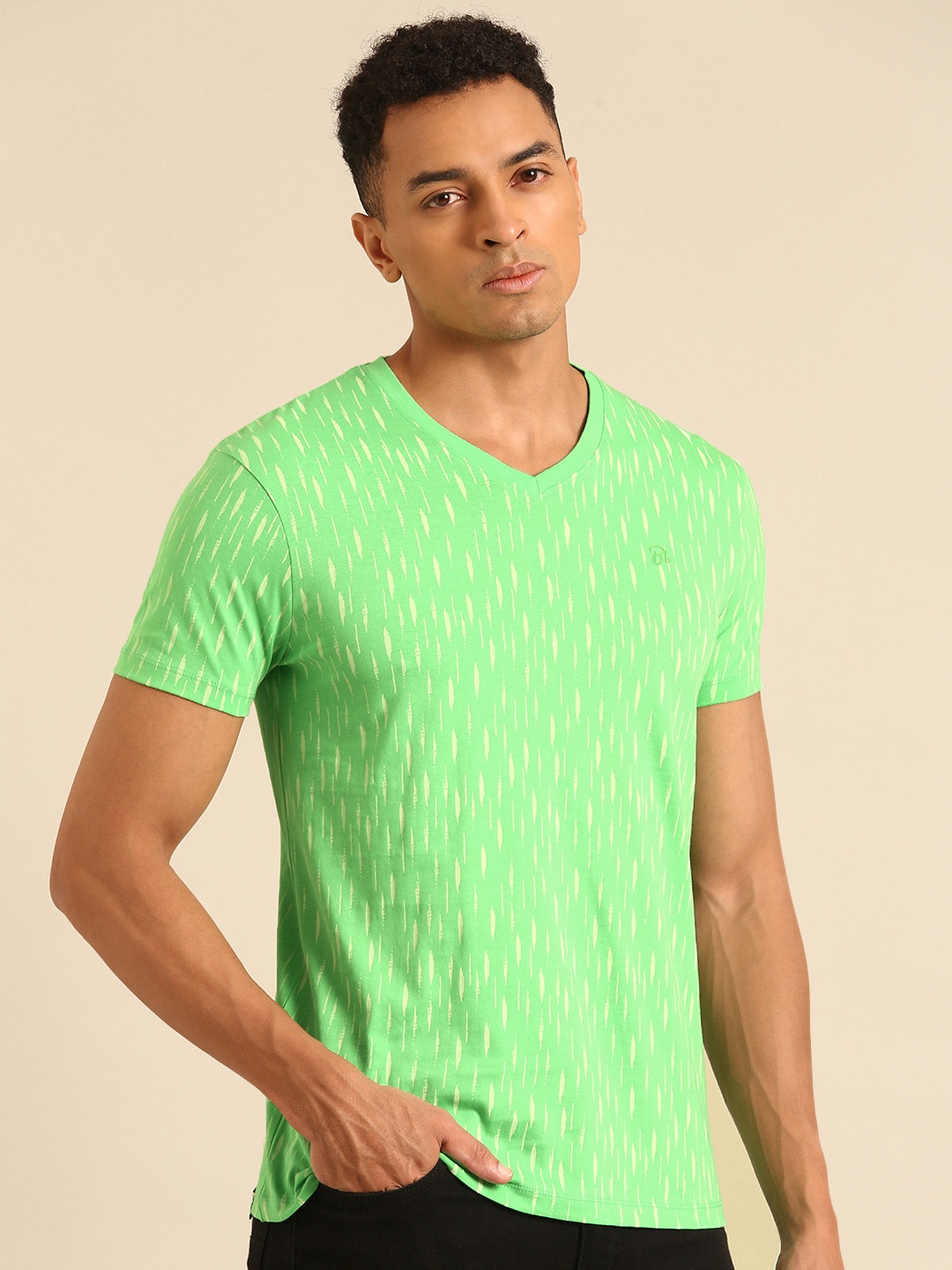 

Being Human Pure Cotton Abstract Printed V-Neck T-shirt, Green