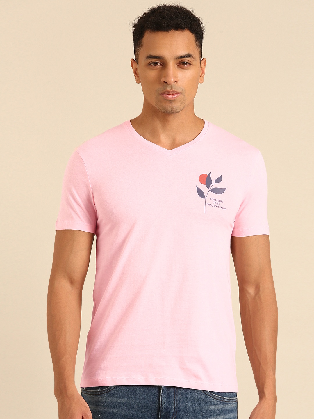 

Being Human V-Neck Pure Cotton T-shirt with Minimal Print, Pink