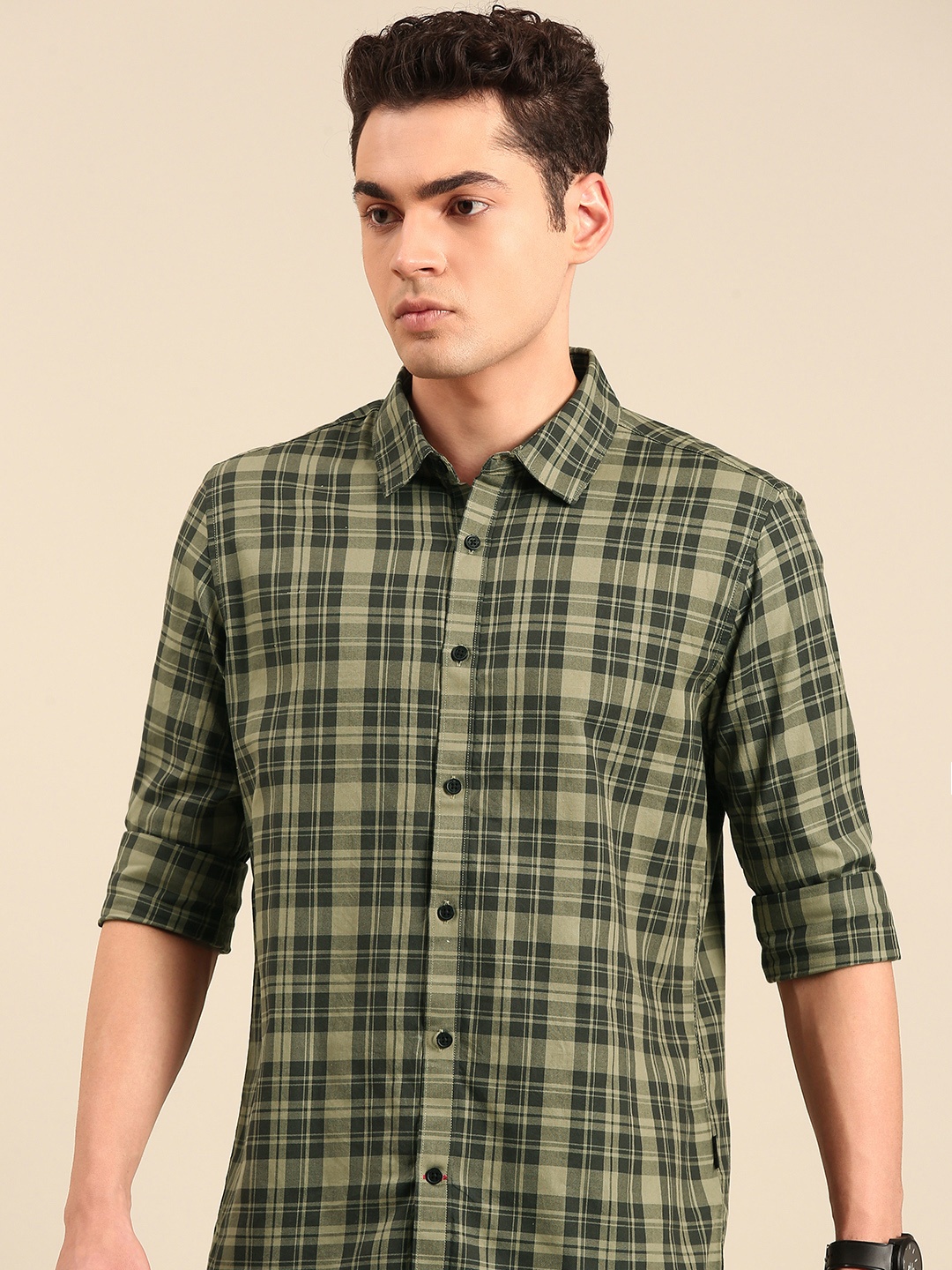 

Being Human Pure Cotton Slim Fit Opaque Checked Casual Shirt, Olive