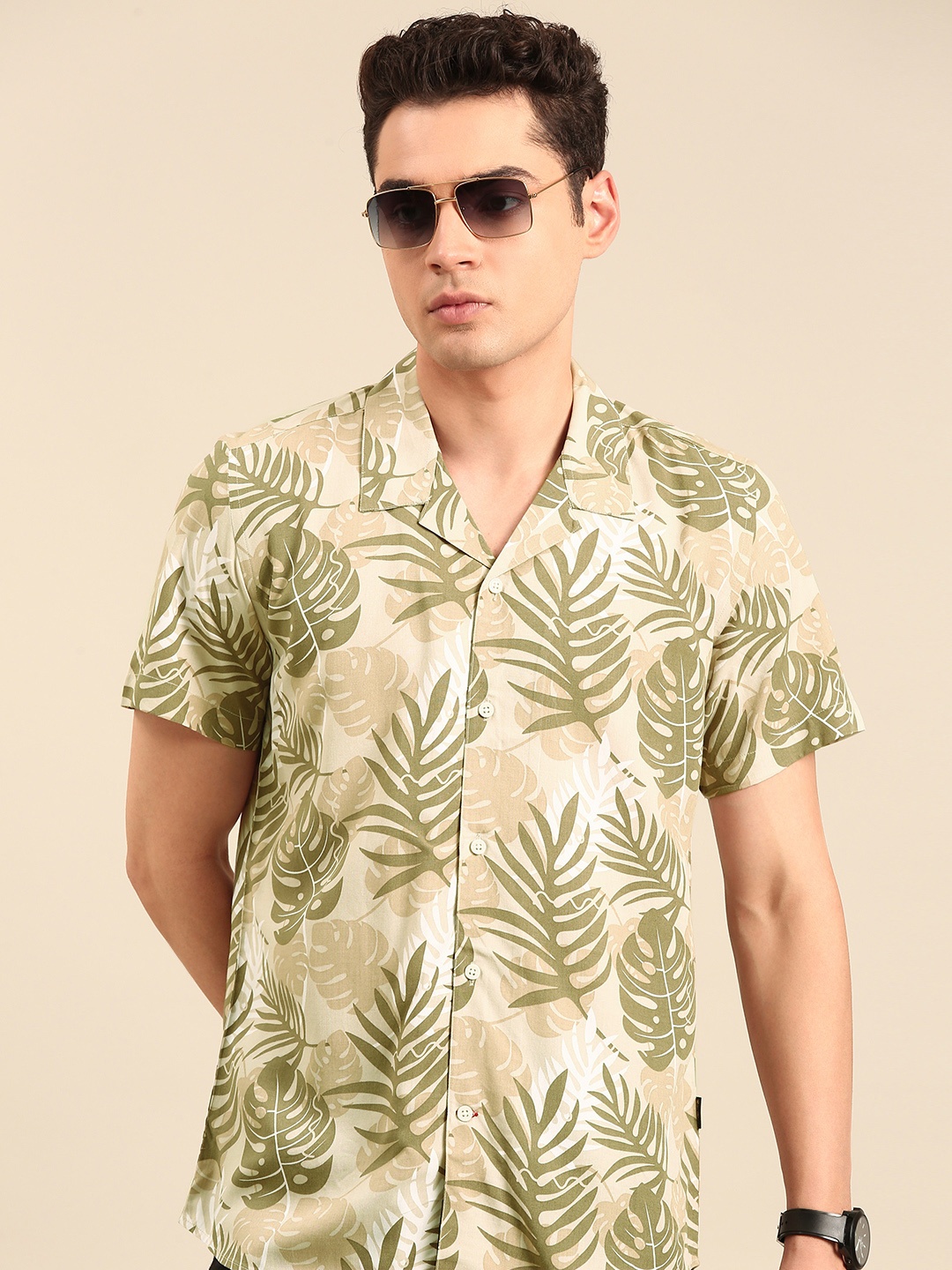 

Being Human Tropical Printed Slim Fit Casual Shirt, Beige