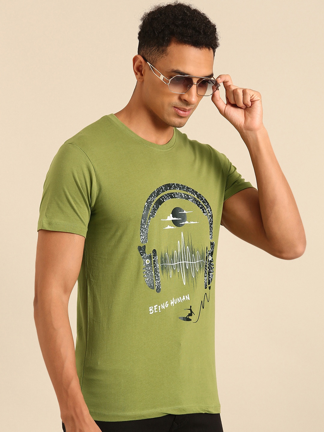

Being Human Printed Pure Cotton T-shirt, Olive