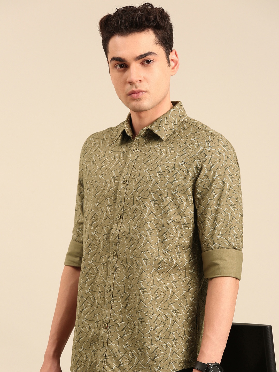 

Being Human Pure Cotton Slim Fit Opaque Printed Casual Shirt, Khaki