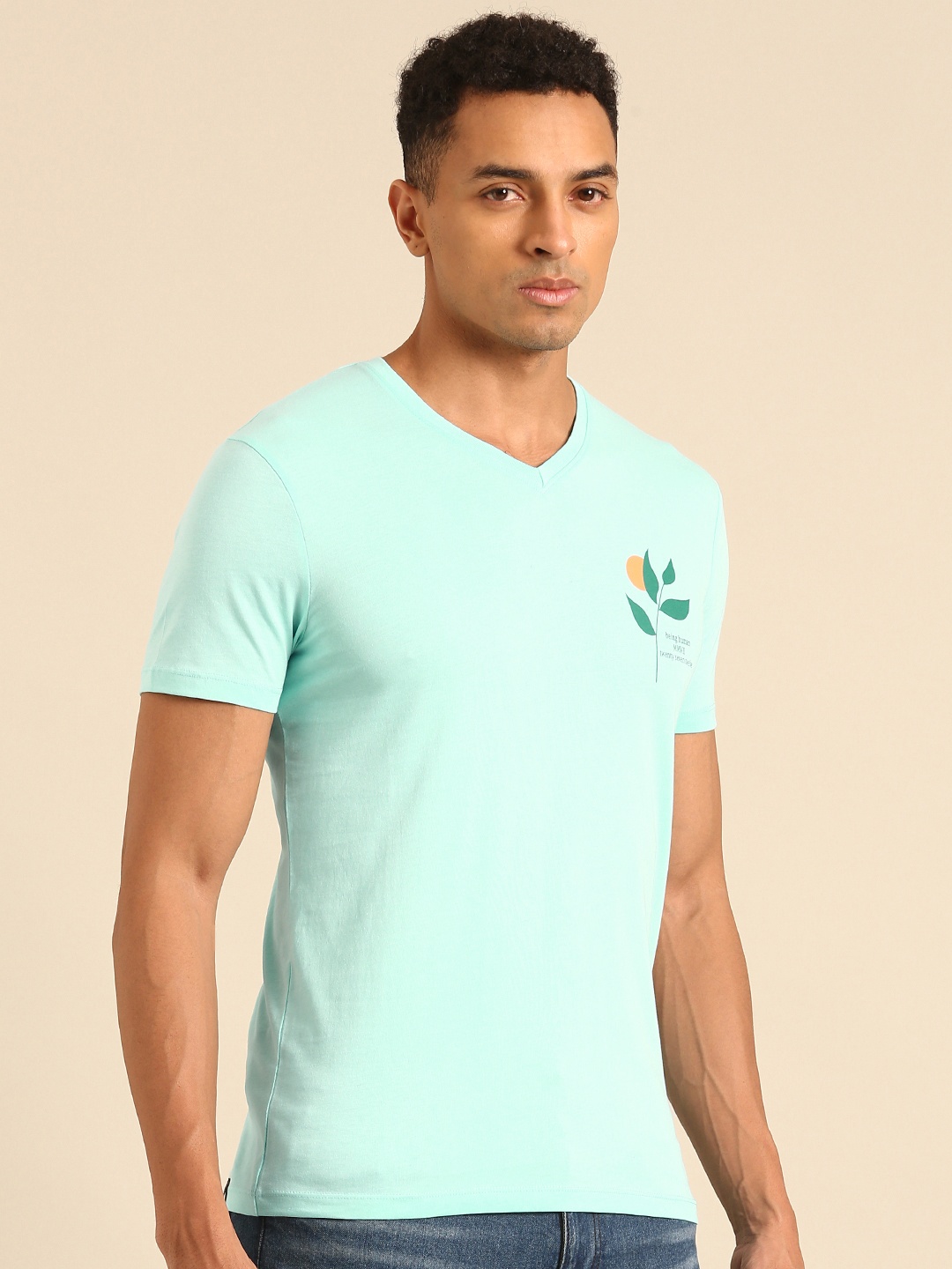 

Being Human V-Neck Pure Cotton T-shirt with Minimal Print, Blue