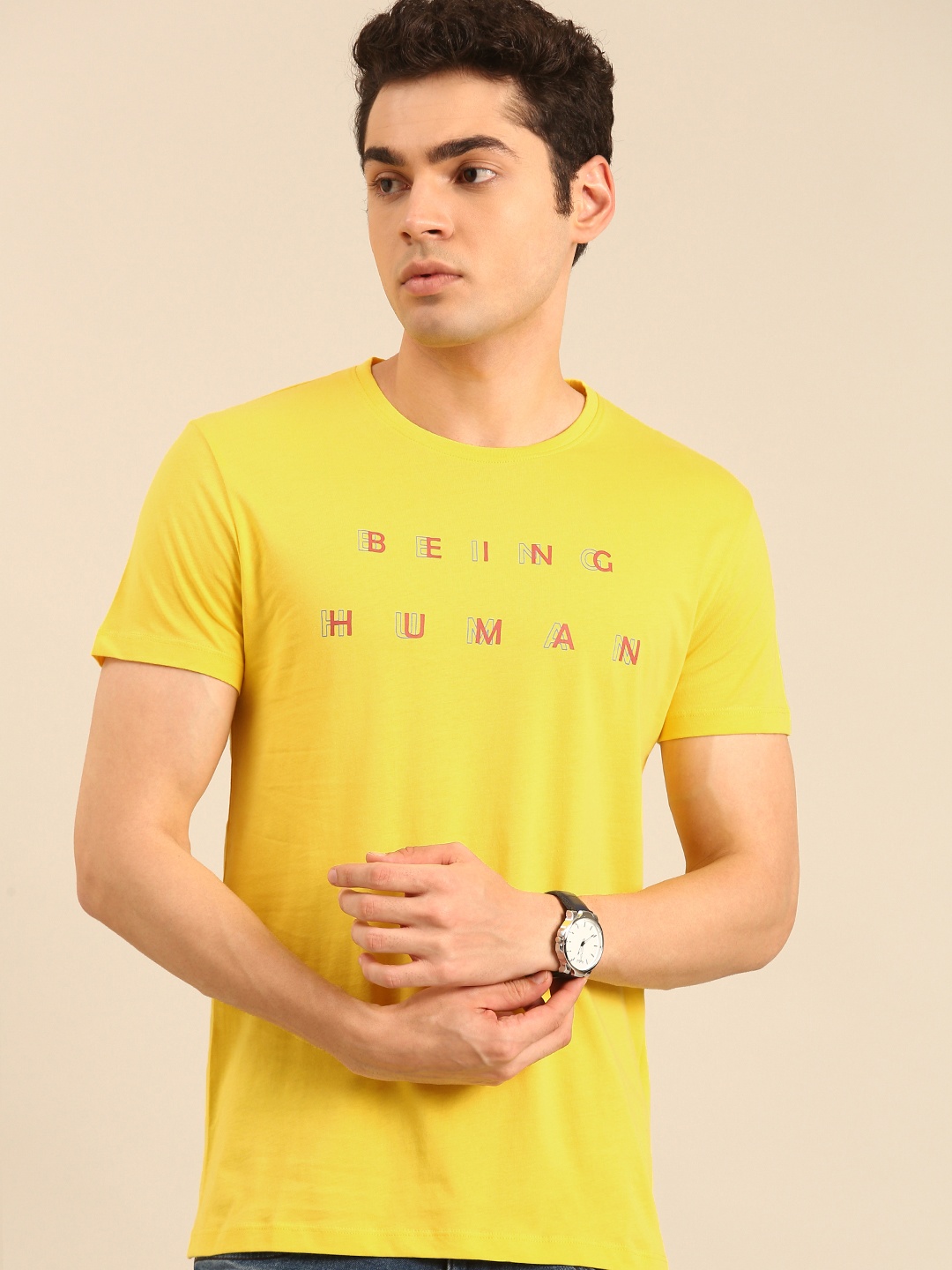 Being Human Typography Printed Pure Cotton T-shirt, Yellow