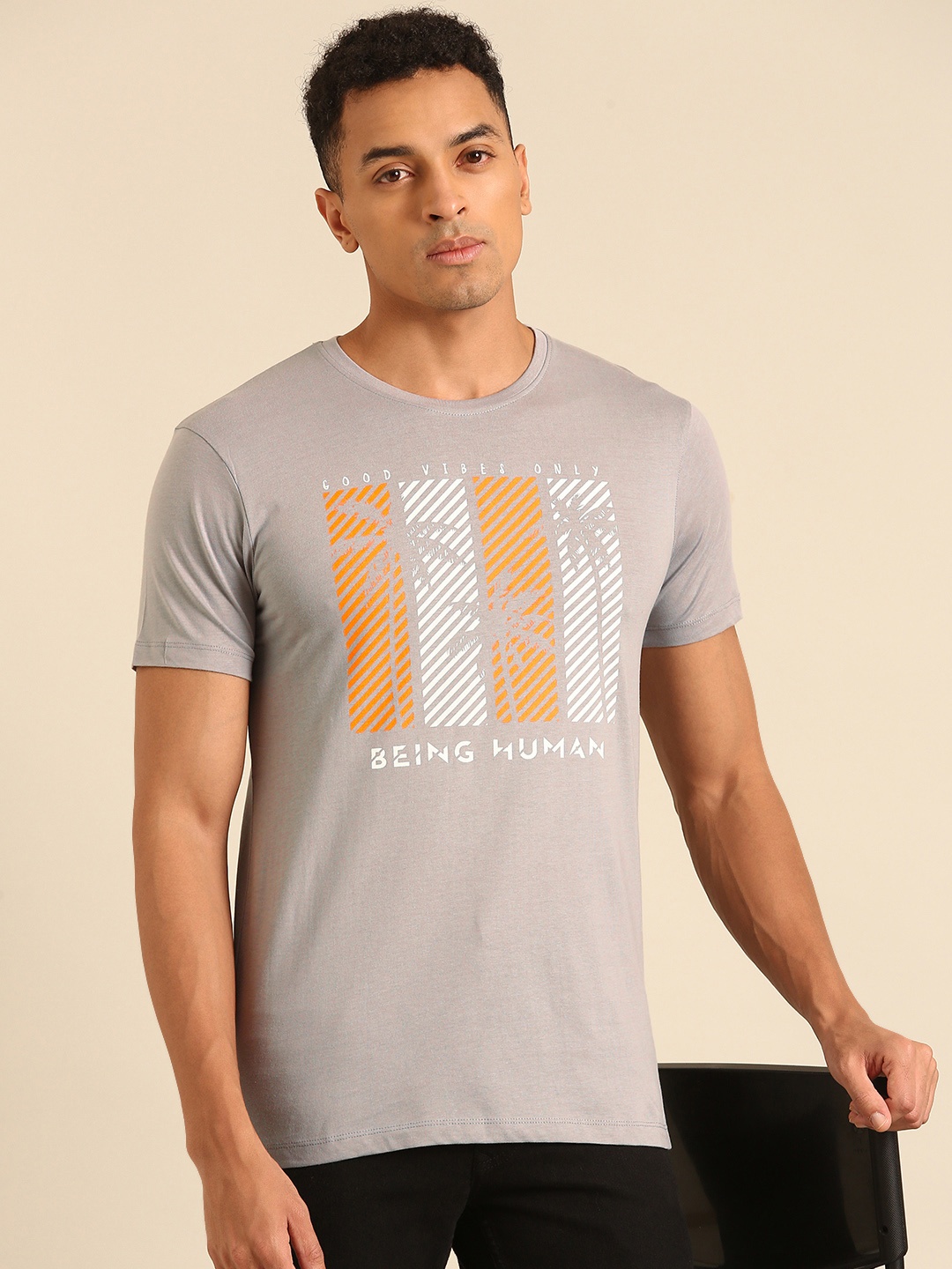 

Being Human Tropical Printed Pure Cotton T-shirt, Grey