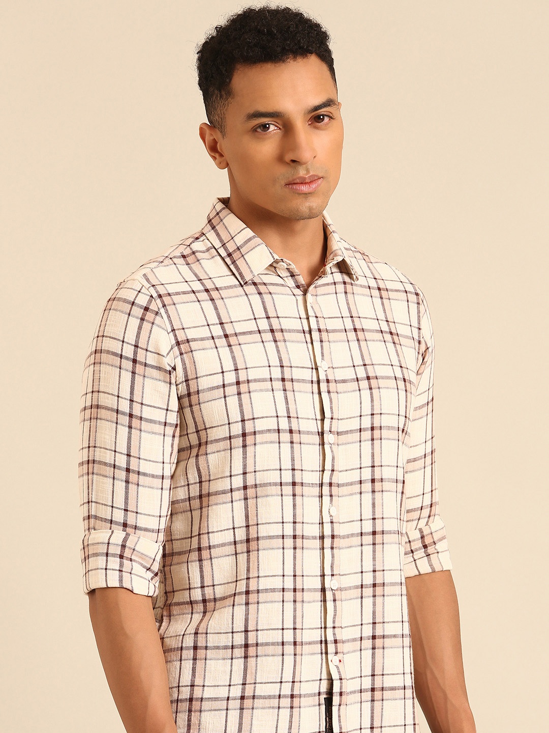 

Being Human Slim Fit Checked Pure Cotton Casual Shirt, Beige