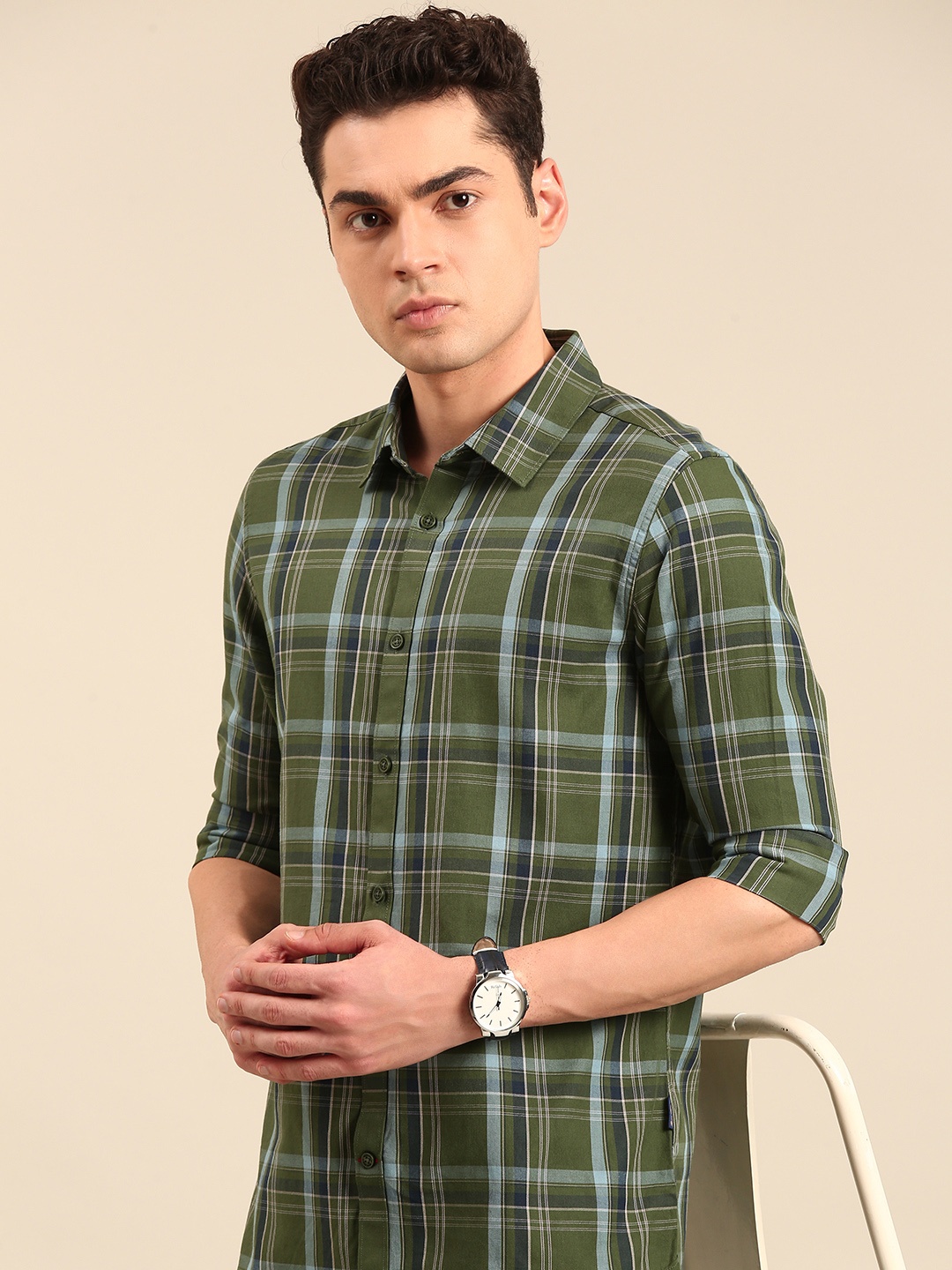 

Being Human Pure Cotton Slim Fit Opaque Checked Casual Shirt, Green