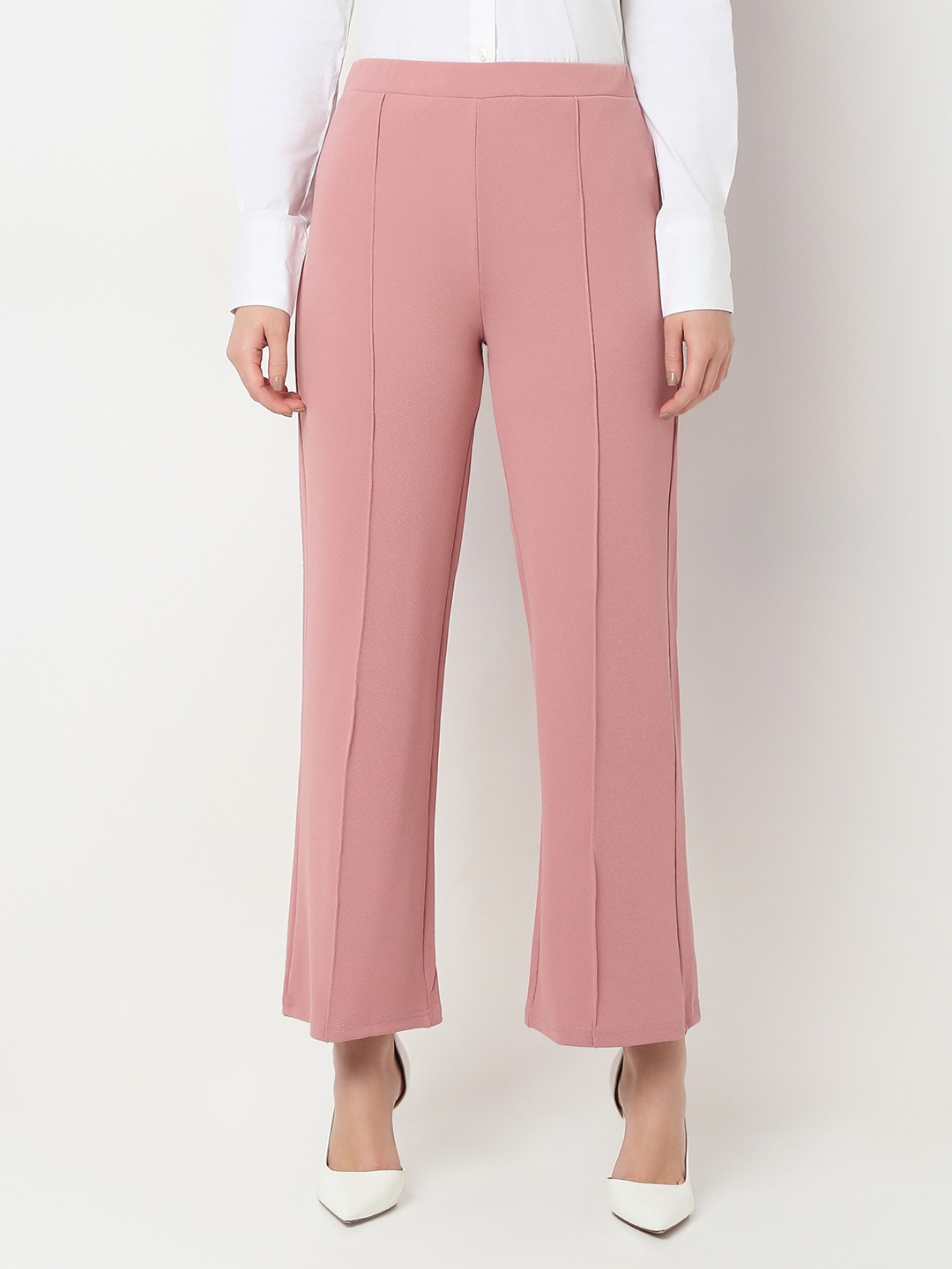 

Smarty Pants Women Textured Comfort Flared Lint Free Formal Trousers, Rose gold
