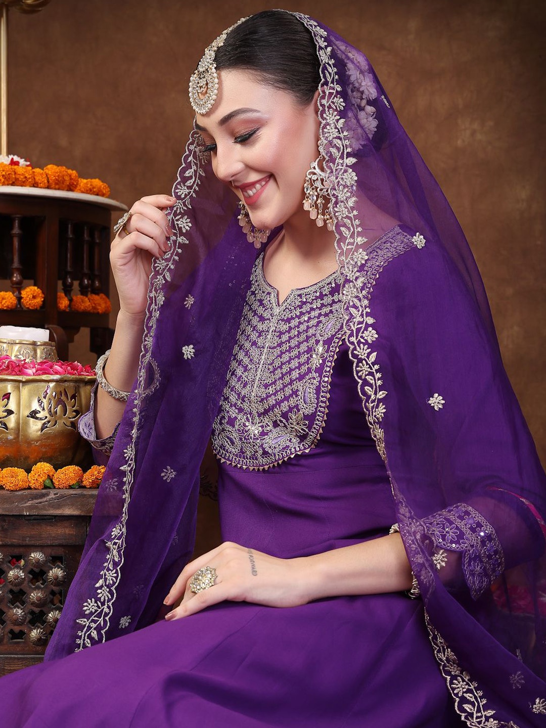 

Stylum Violet & Gold Toned Ethnic Motifs Embroidered Anarkali Kurta & Trouser With Dupatta