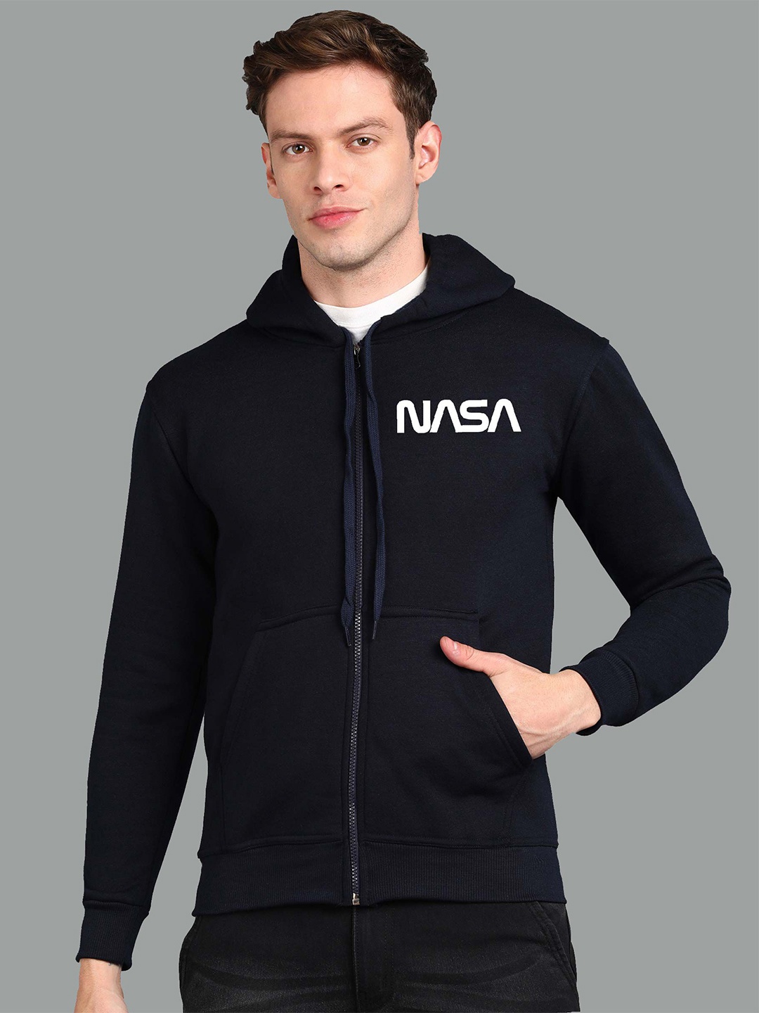 

FALTU.CO Men Printed Zip Detail Hooded Sweatshirt, Navy blue