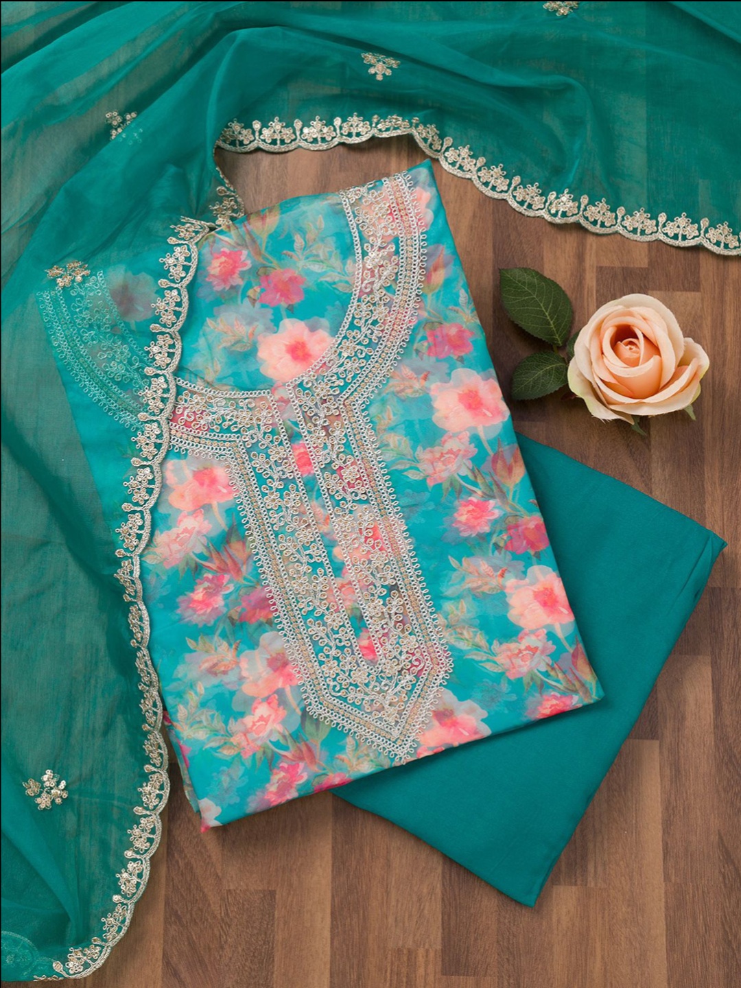 

Koskii Floral Printed Sequinned Organza Unstitched Dress Material, Blue