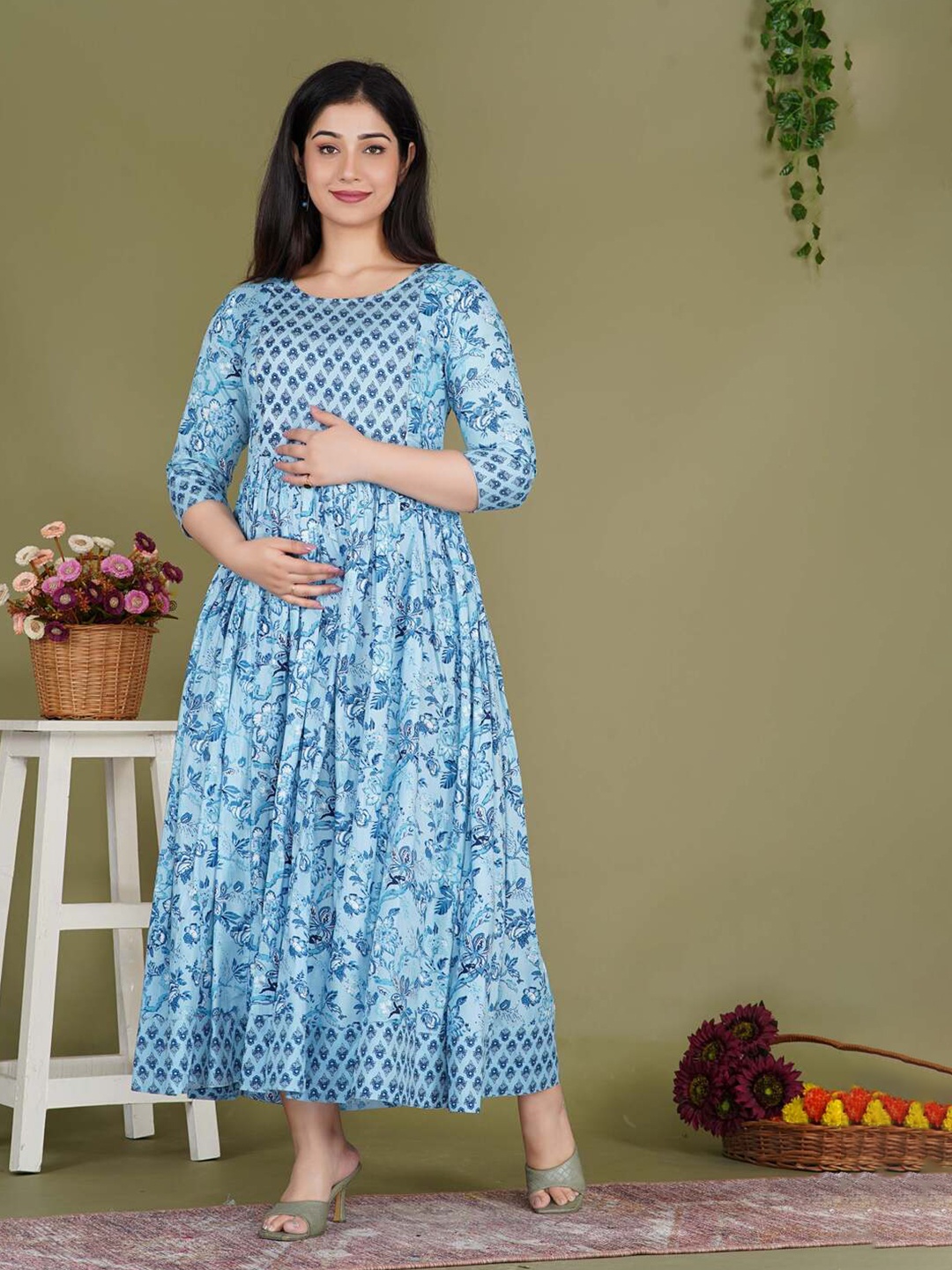 

Gujari Women's Floral Print Maternity Fit & Flare Maxi Dress, Turquoise blue
