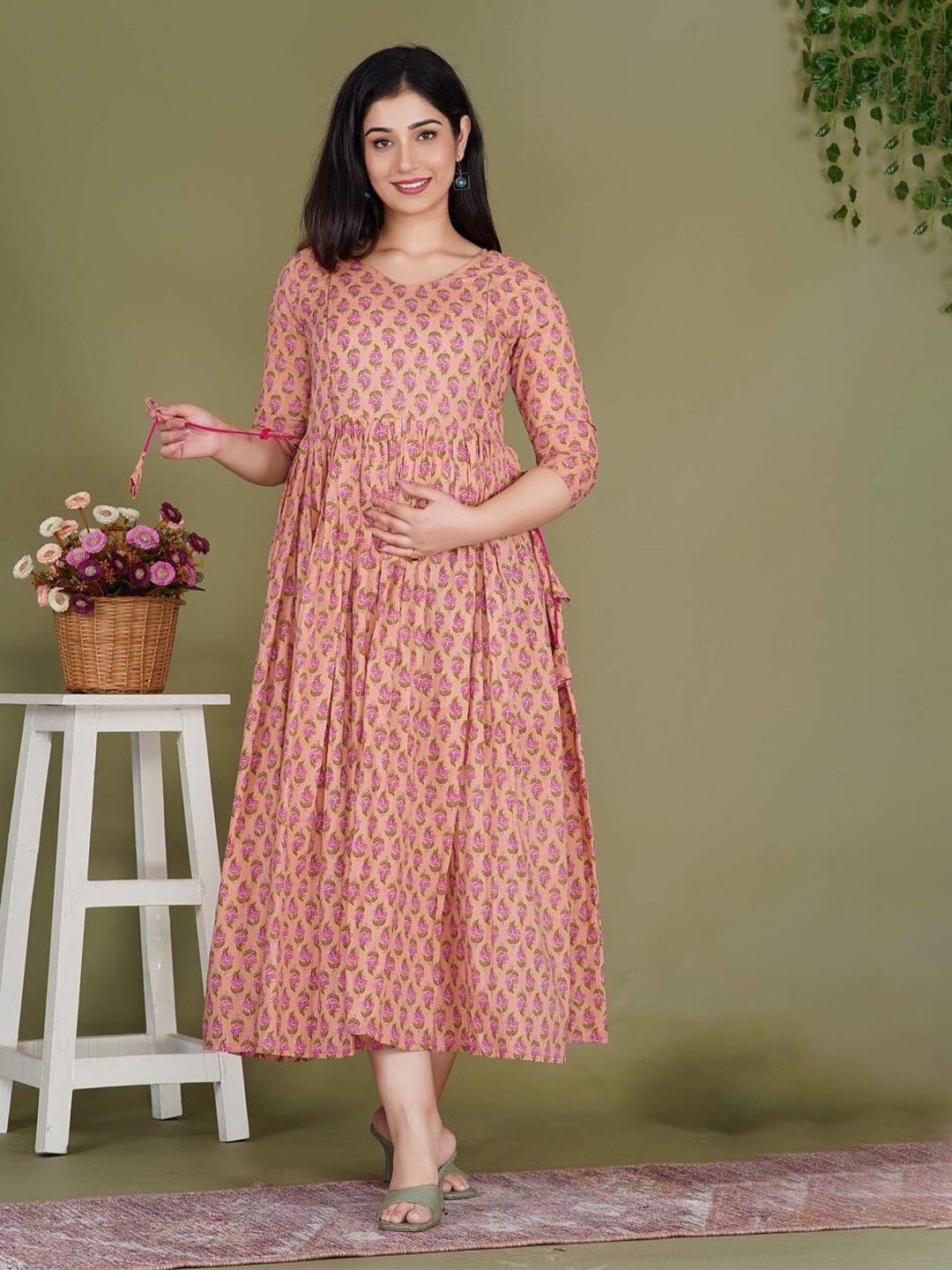 

Gujari Women Floral Printed Maternity Fit & Flare Maxi Dress, Peach