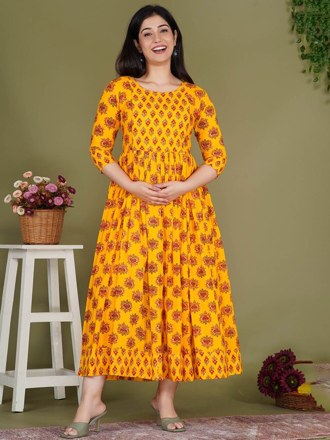 

Gujari Women Floral Printed Maternity Fit & Flare Midi Dress, Yellow