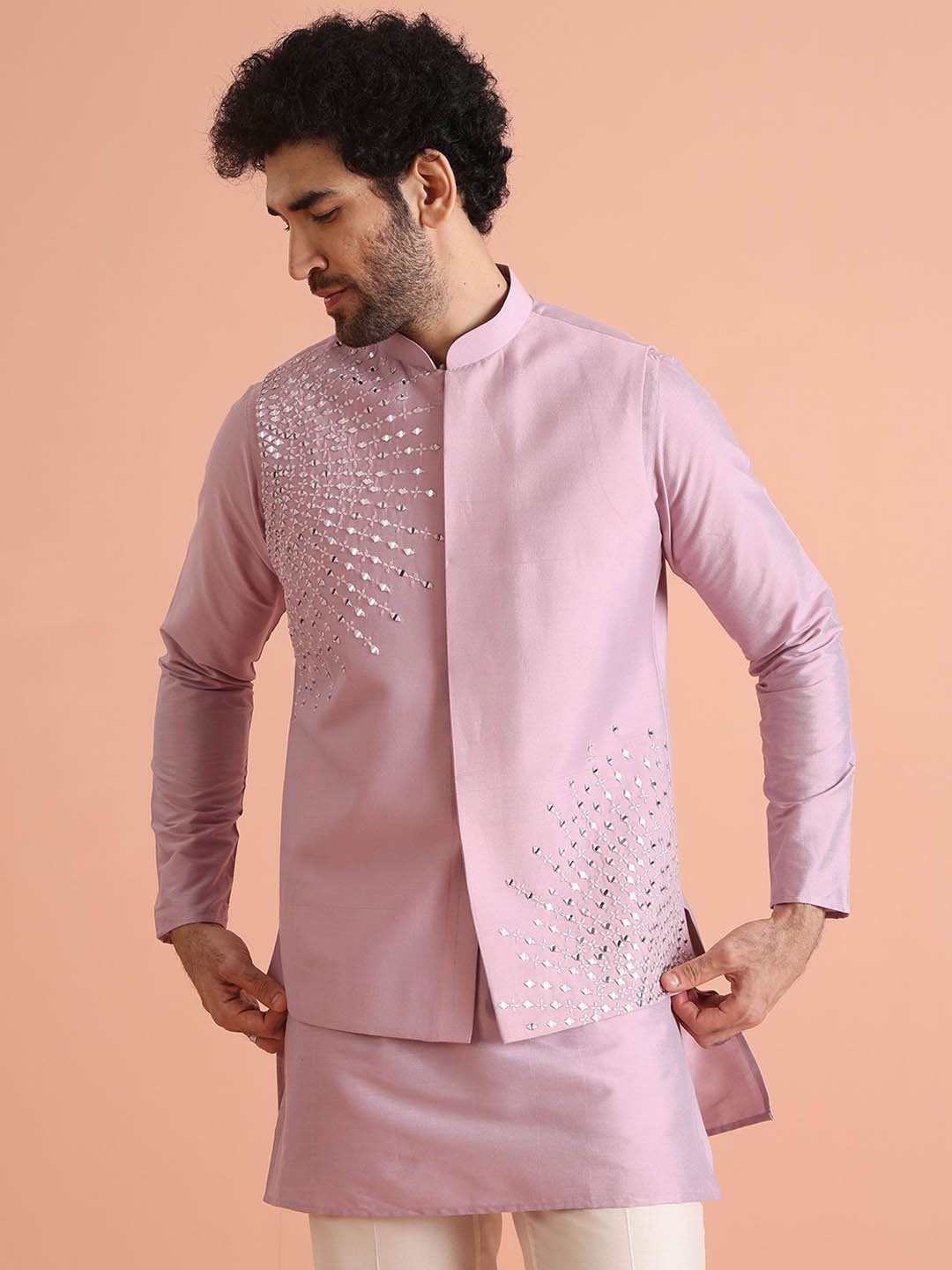 

KISAH Men Embellished Regular Fit Mirror work Nehru Jacket, Pink
