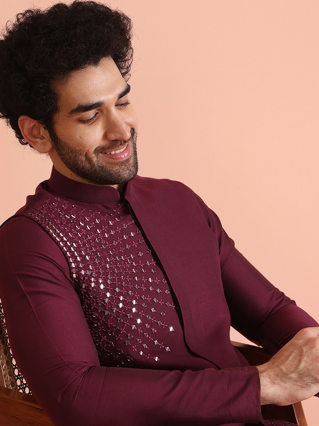 KISAH Men Embellished Regular Fit Mirror work Nehru Jacket, Maroon