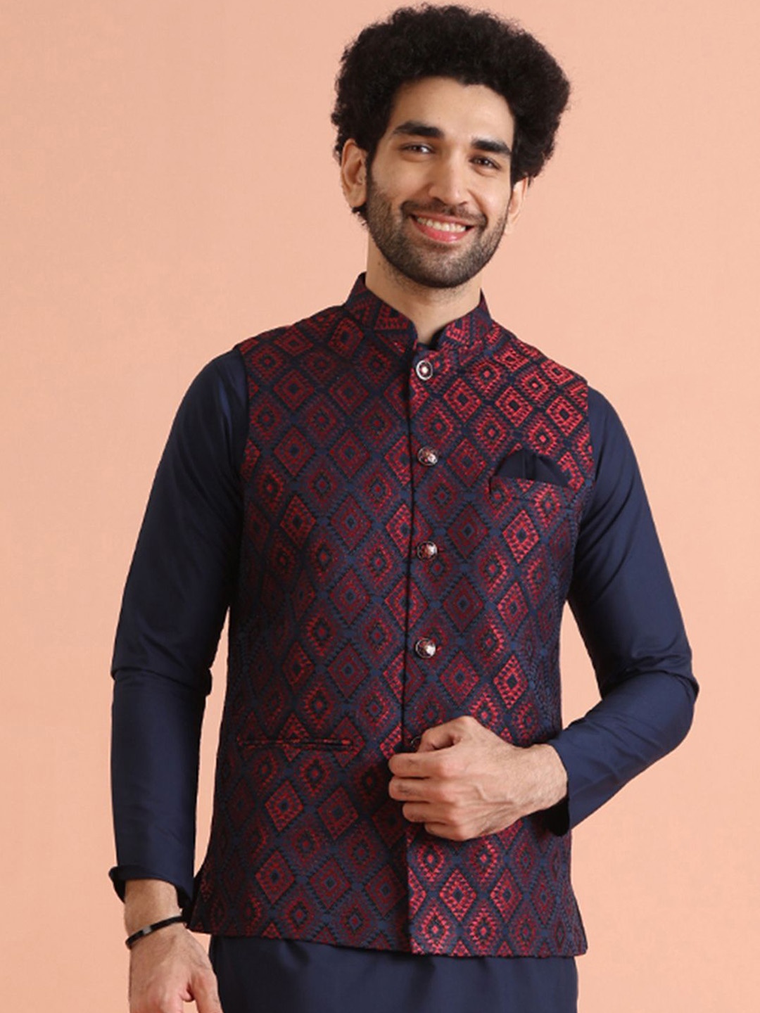 

KISAH Men Jacquard Regular Fit Geometric Nehru Jacket, Navy blue