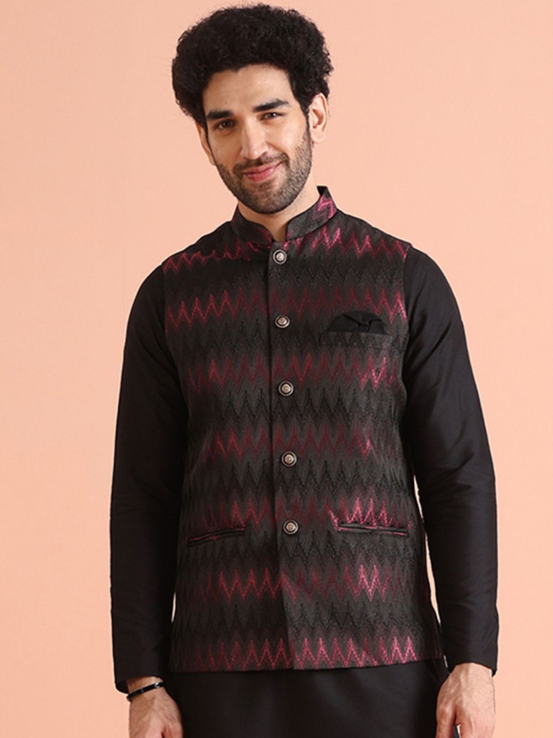 

KISAH Men Chevron Regular Fit Jacquard Nehru Jacket, Black