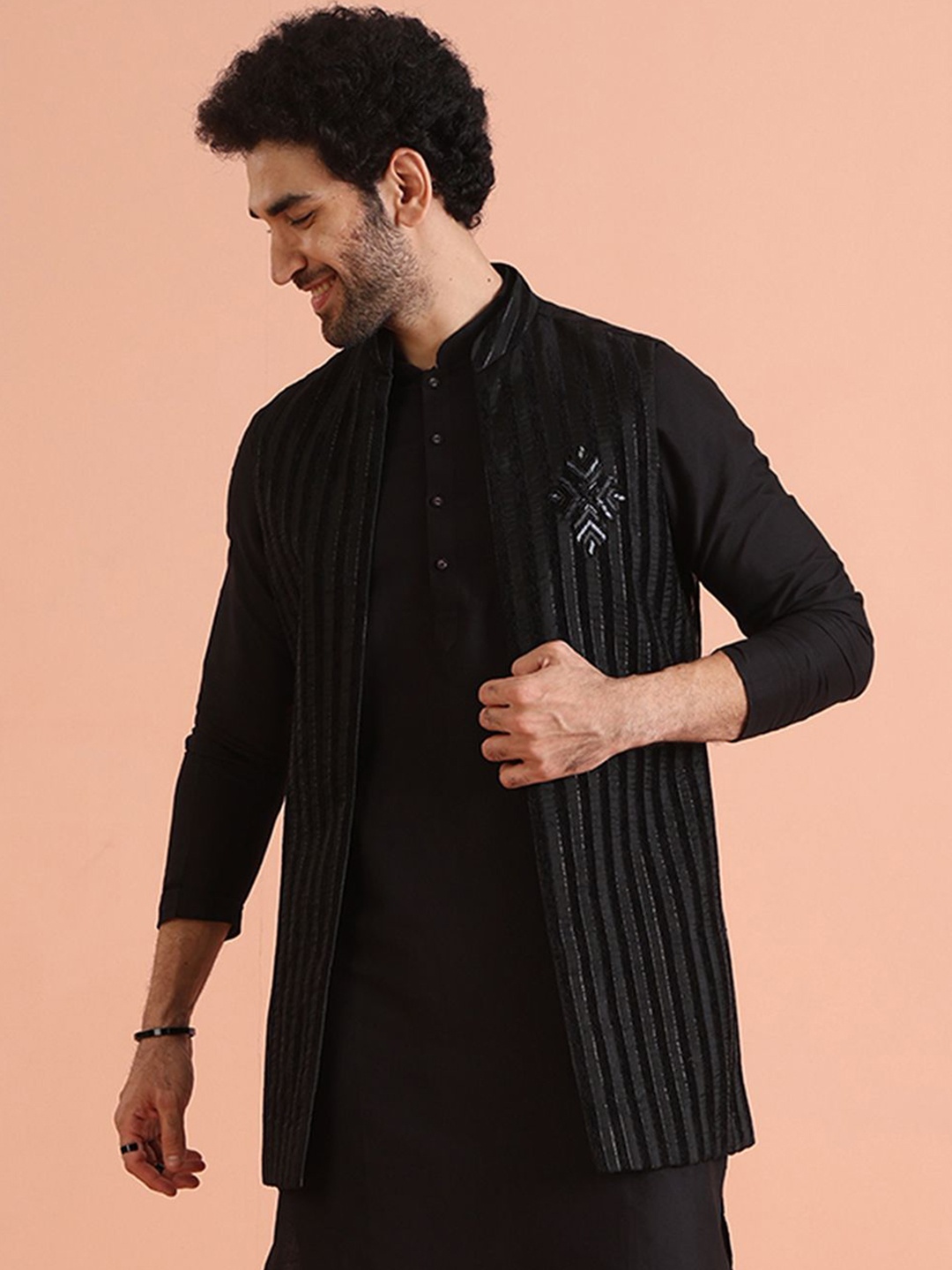 

KISAH Men Sheer Design Regular Fit Striped Nehru Jacket, Black