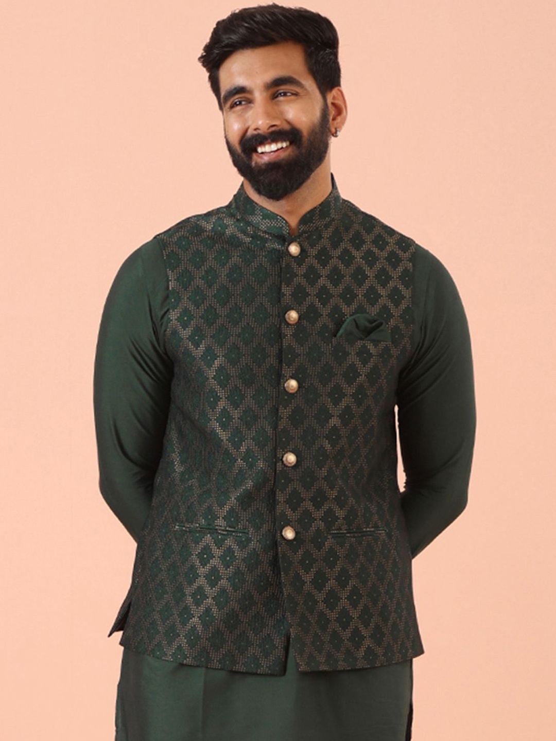 

KISAH Men Ethnic Motifs Regular Fit Woven Design Nehru Jacket, Green