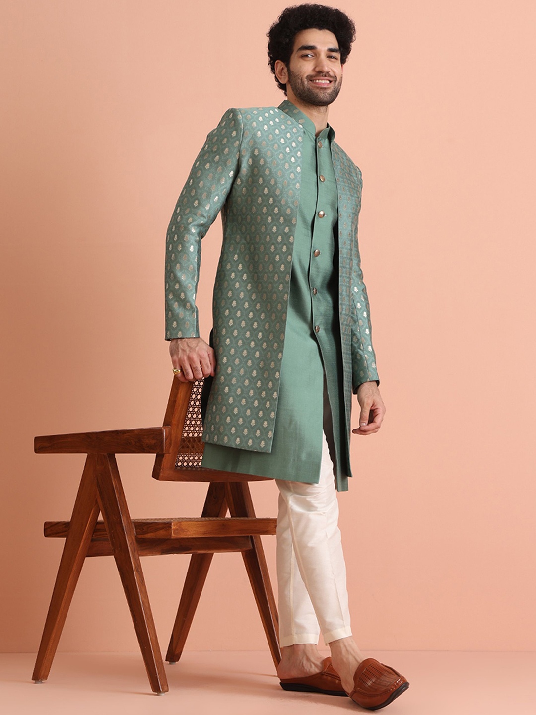 

KISAH Men Jacquard Regular Fit Woven Design Jacket Sherwani Trouser Set, Green