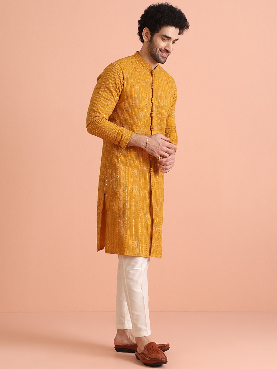 

KISAH Men Embroidered Regular Fit Sequinned Kurta, Mustard