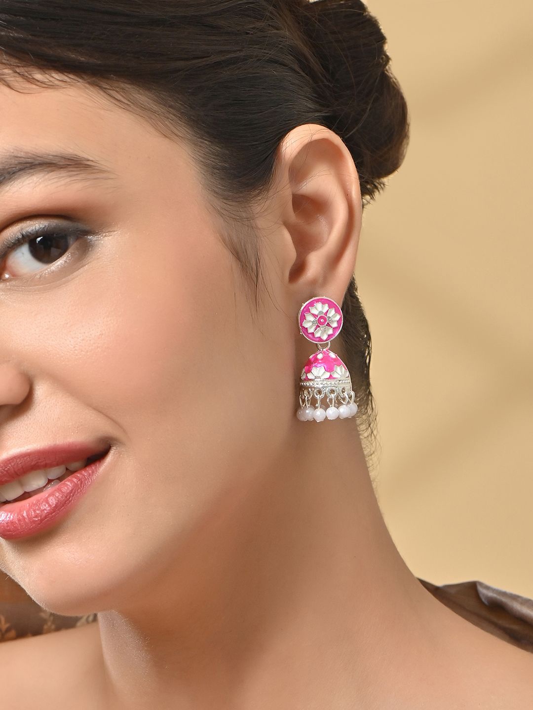 

Fida Silver-Plated Pearls Floral Oxidised Jhumkas, Pink