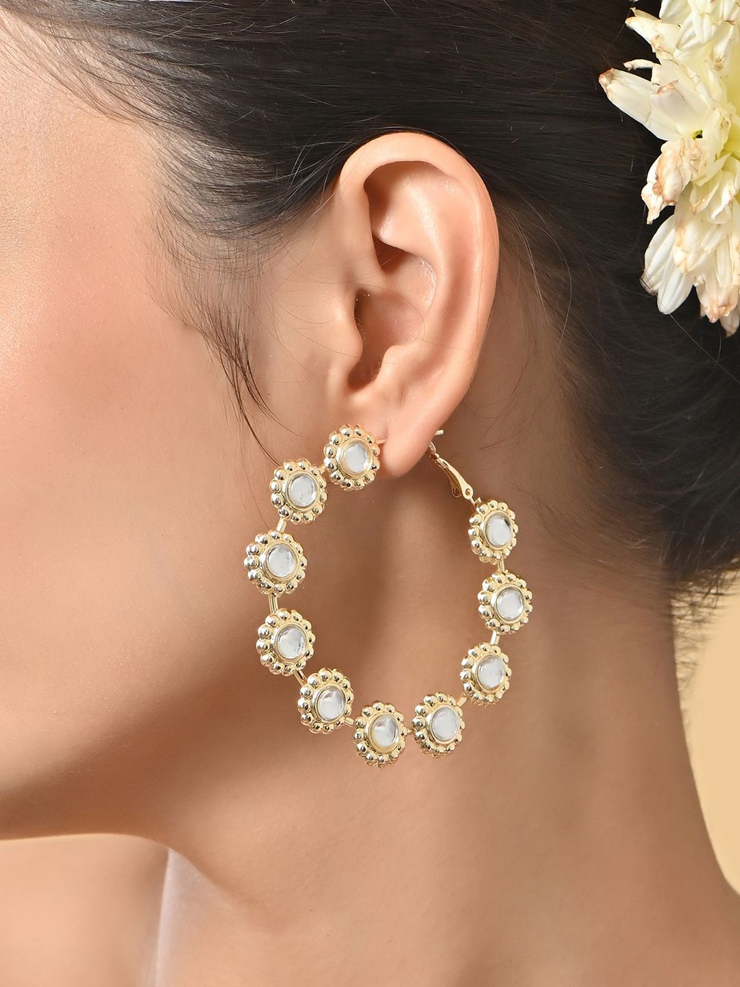 

Fida Gold-Plated Kundan Studded Circular Hoop Earrings