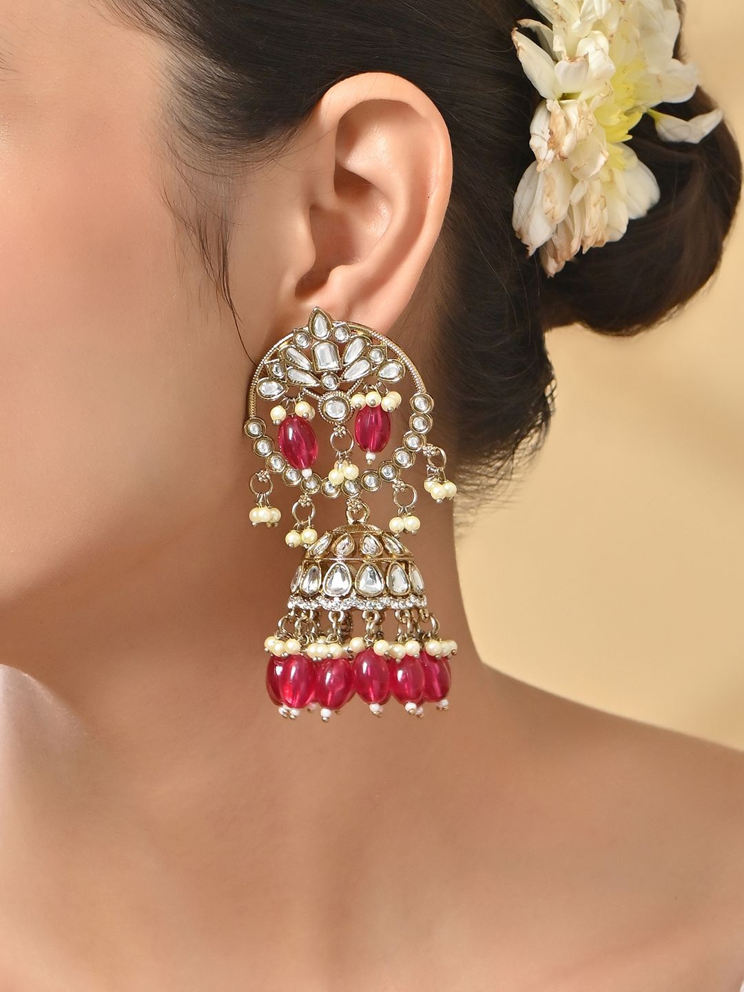 

Fida Gold-Plated Kundan Beaded Dome Shaped Jhumkas, Red