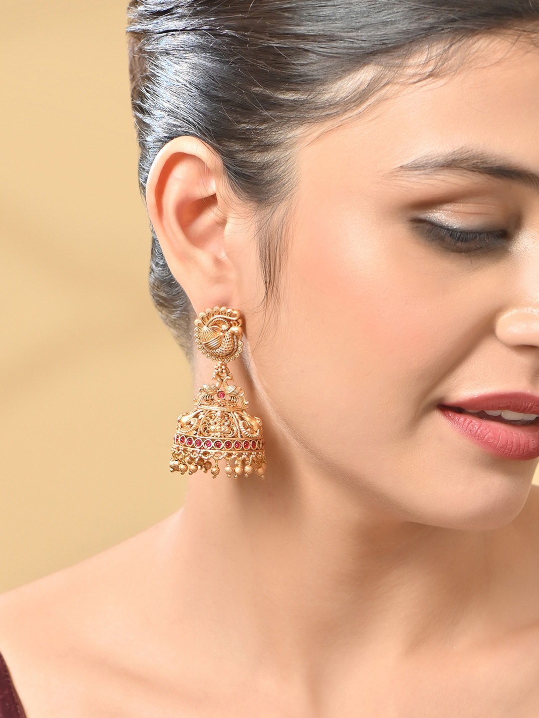 

Fida Gold Plated Peacock Shaped Artificial Stones Studded Temple Jhumkas, Red