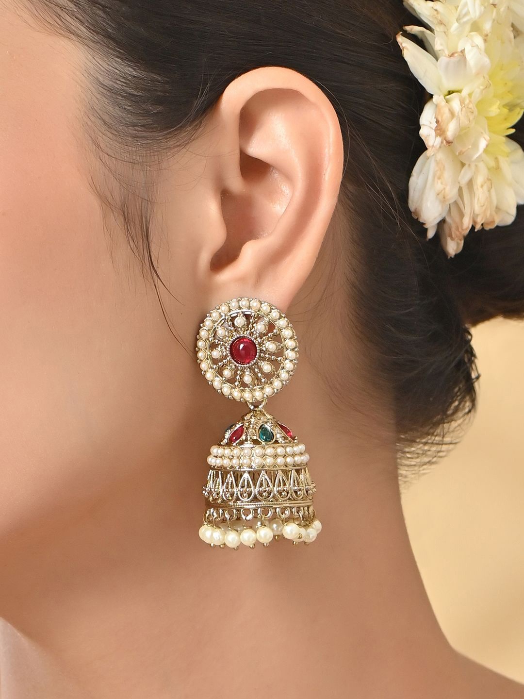 

Fida Gold Plated Contemporary Temple Pearl Studded Jhumkas