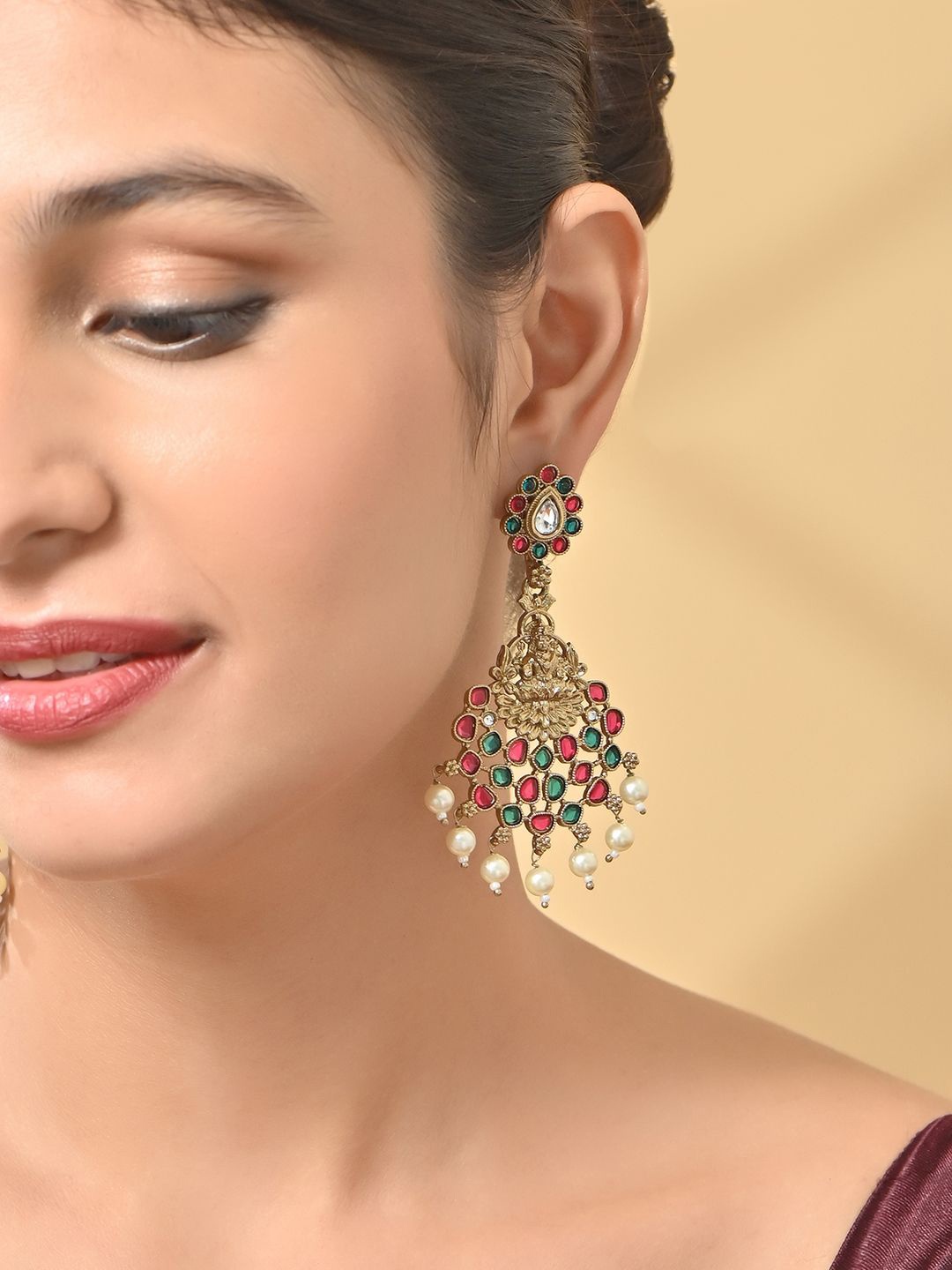 

Fida Gold Plated Classic Artificial Stones & Pearls Temple Drop Earrings