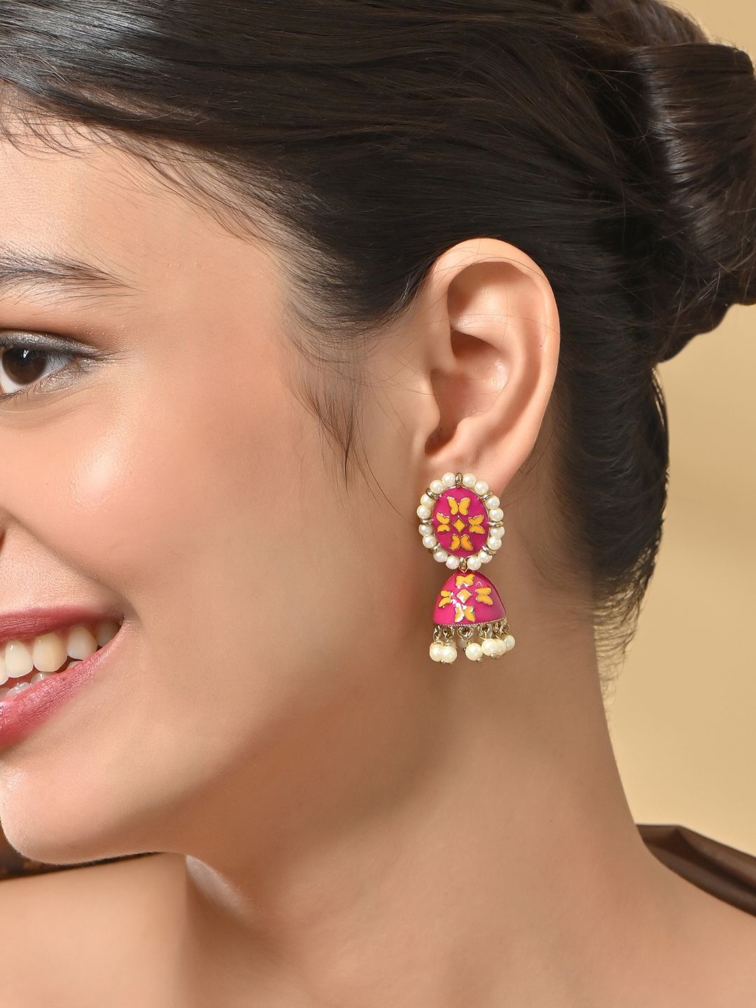 

Fida Gold-Plated Artificial Beaded Floral Jhumkas, Pink