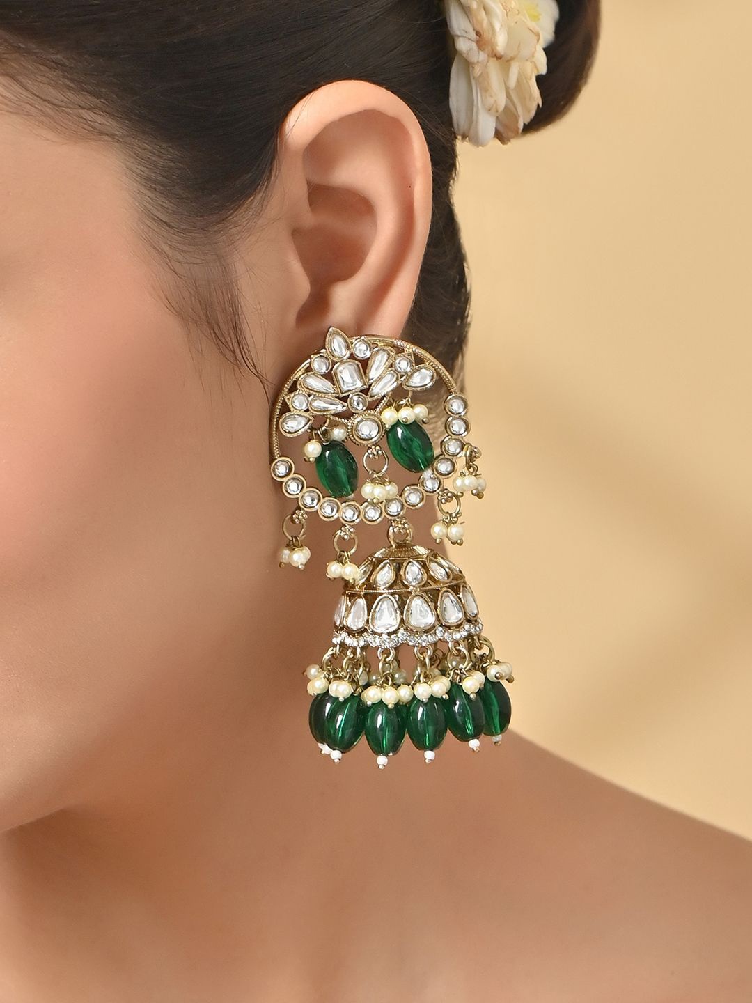 

Fida Gold-Plated Kundan Beaded Dome Shaped Jhumkas, Green