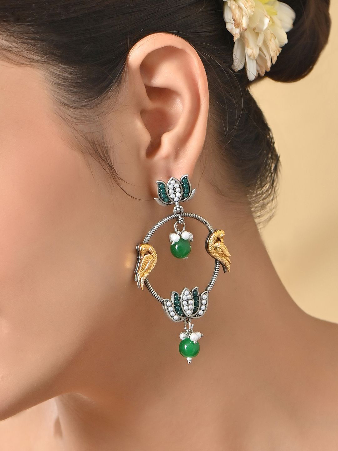 

Fida Silver Plated Contemporary Pearl Studded Oxidised Drop Earrings, Green