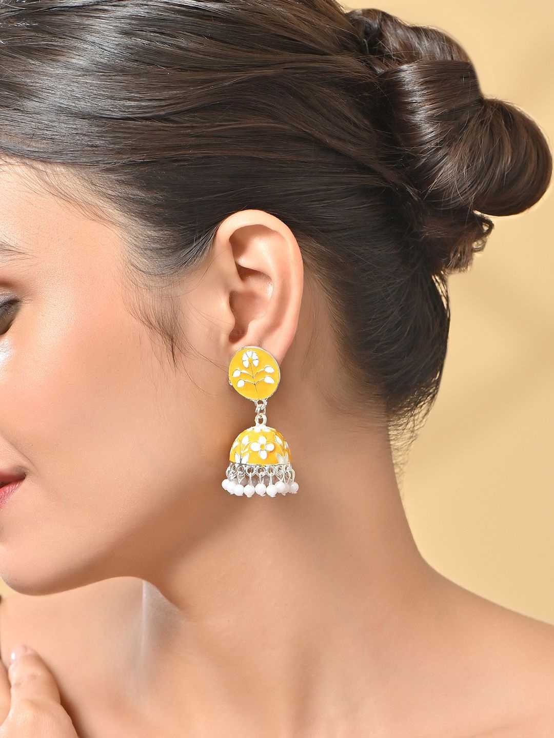 

Fida Silver-Plated Pearls Beaded Floral Jhumkas, Yellow