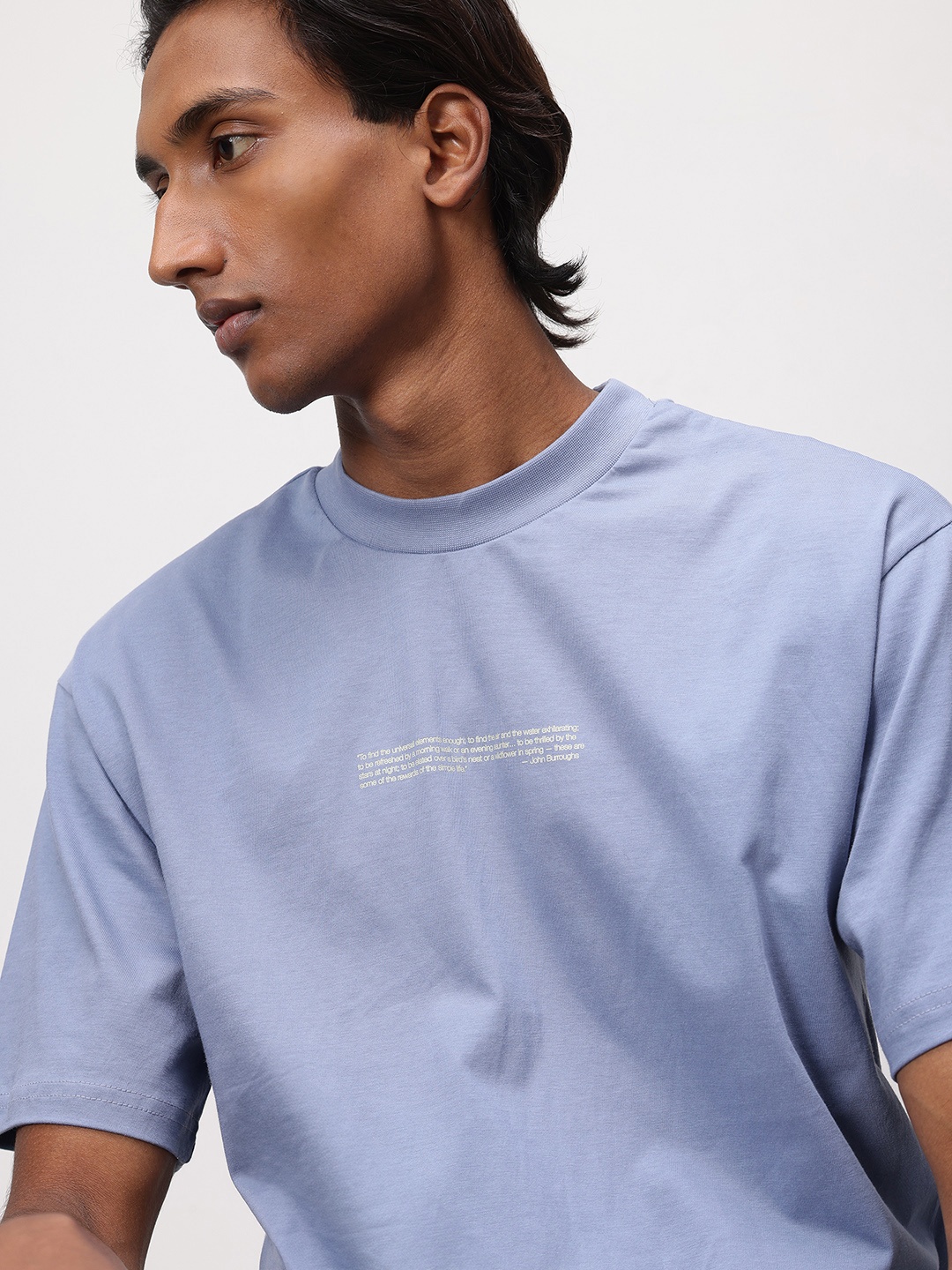 

ether Zen Typography Print Drop-Shoulder Sleeves Pure Cotton T-shirt, Blue