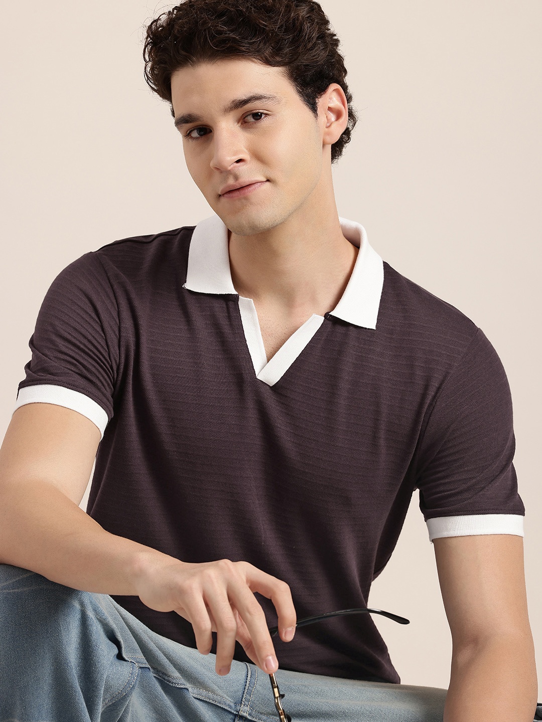 

HERE&NOW Pure Cotton Self-Design Striped Polo Collar T-shirt, Coffee brown
