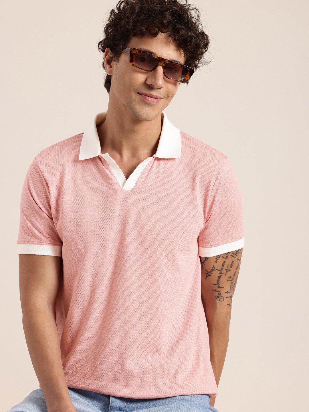 

HERE&NOW Self Design Polo Collar T-shirt, Pink