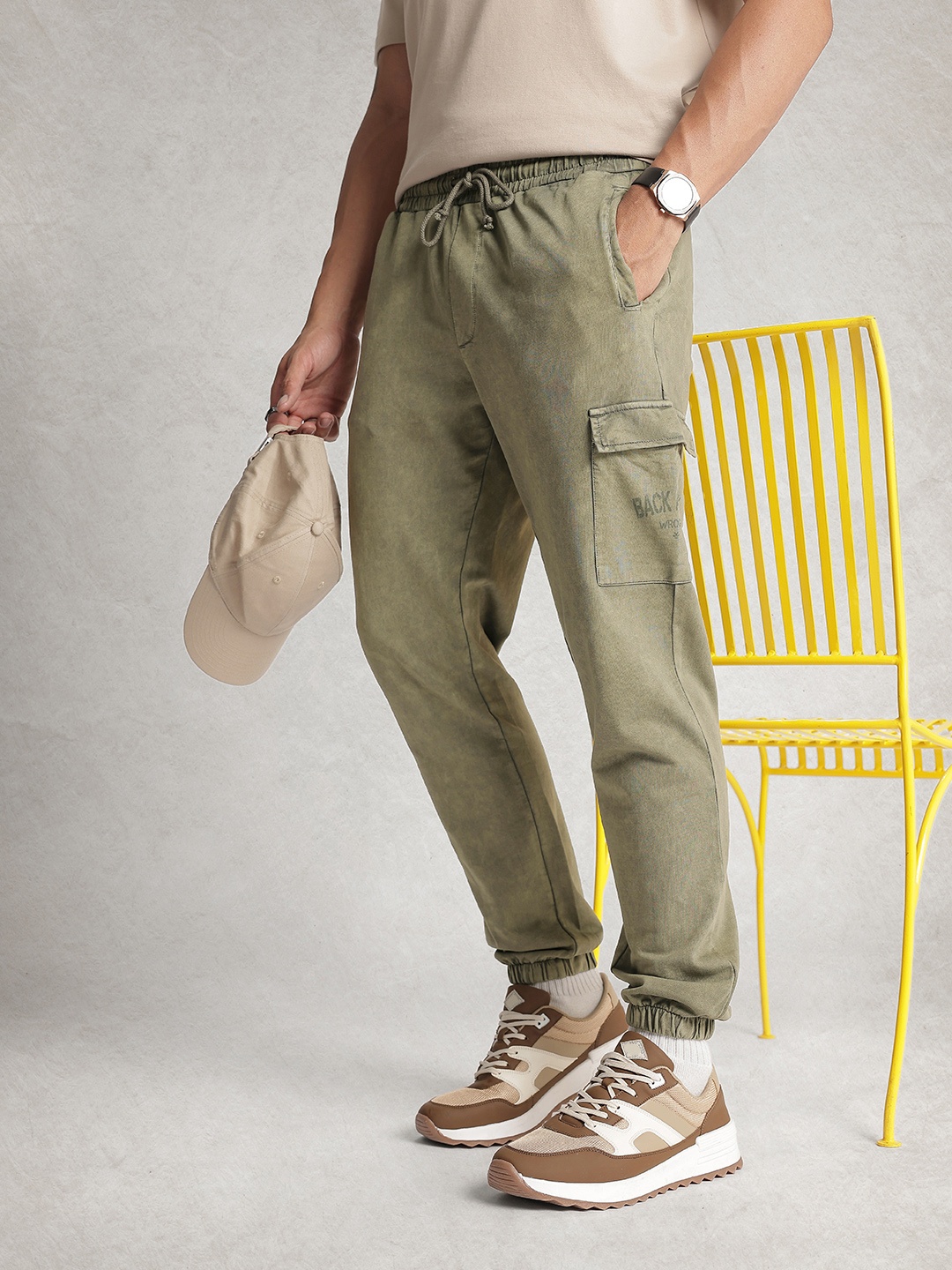 

WROGN Men Comfort Fit Pure Cotton Joggers, Olive
