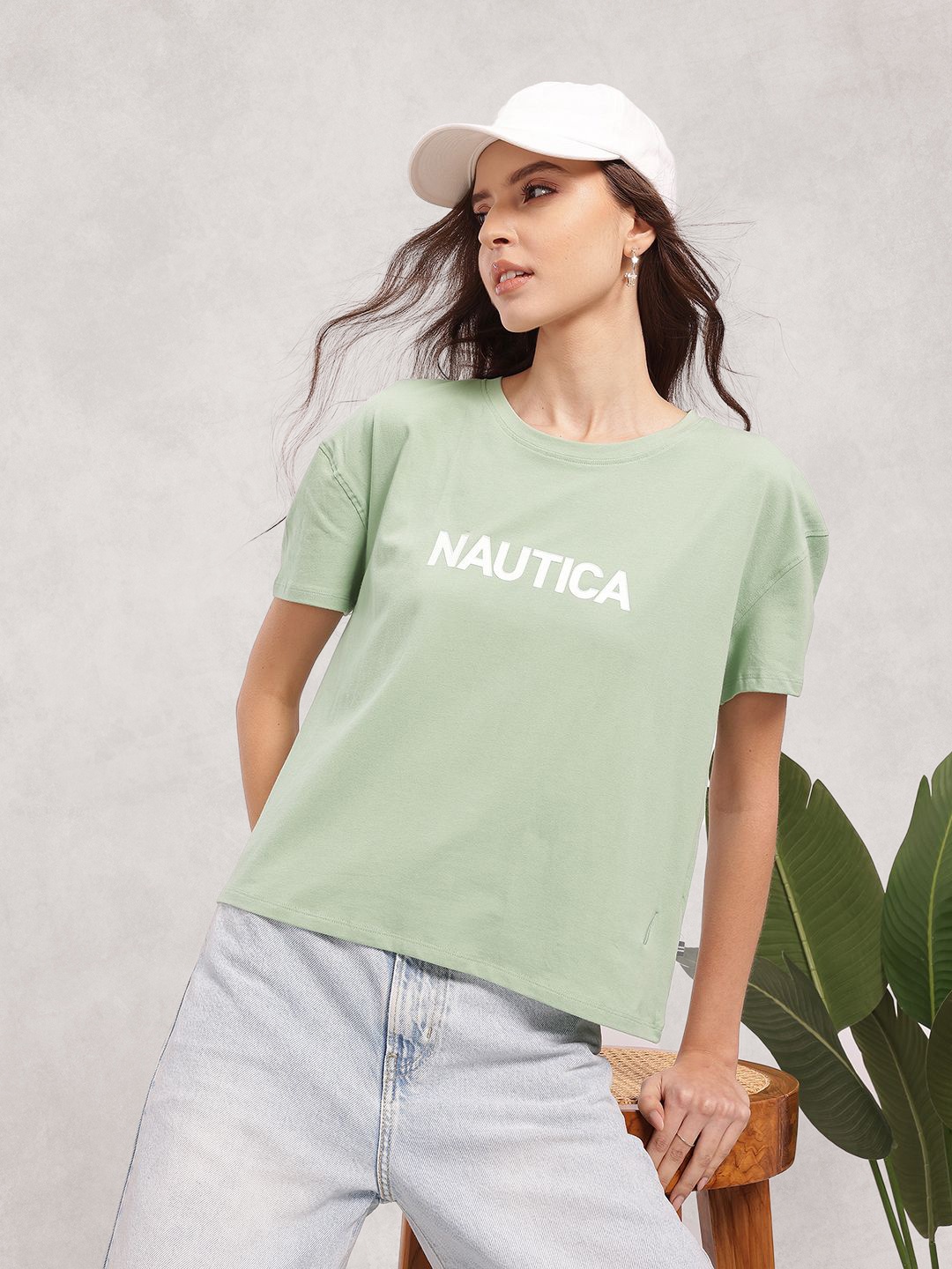 Nautica Women Typography Printed Drop-Shoulder Sleeves T-shirt, Green