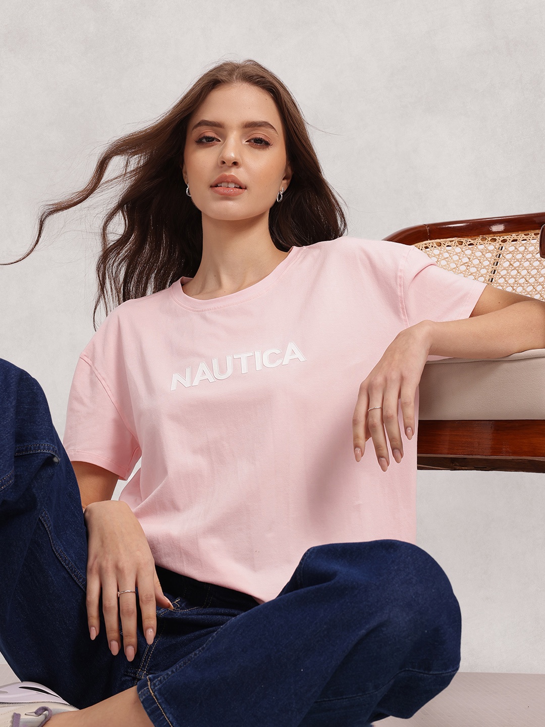 Nautica Brand Logo Printed Drop-Shoulder Sleeves T-shirt, Pink