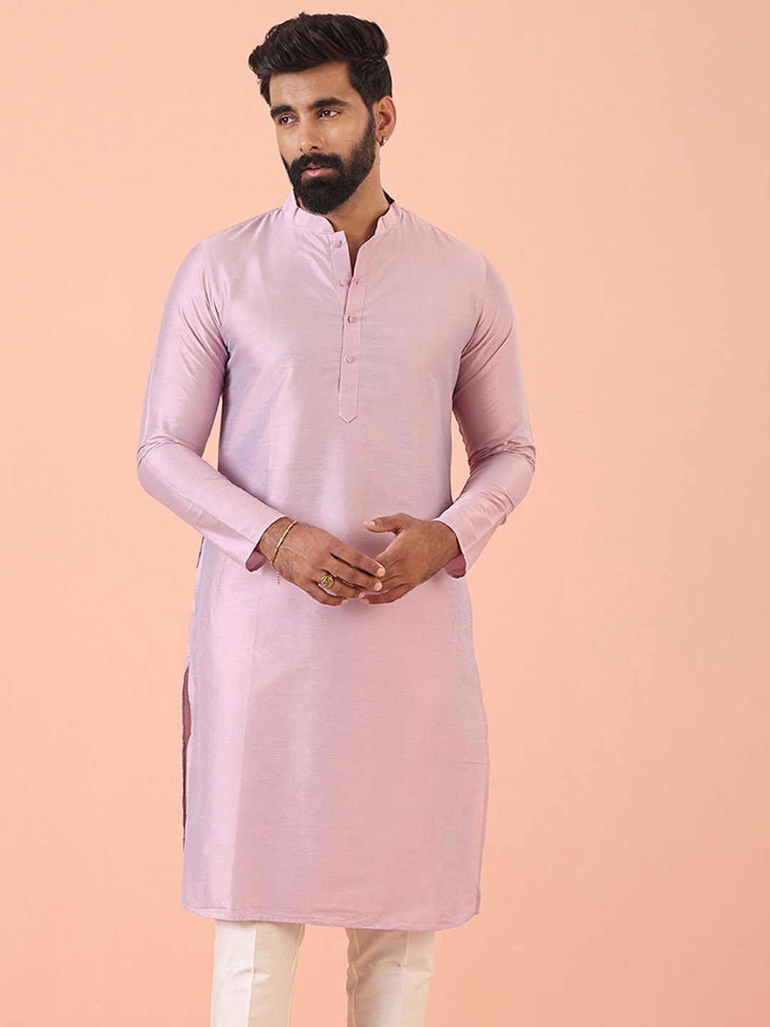 

KISAH Men Mandarin Collar Regular Solid Kurta, Pink
