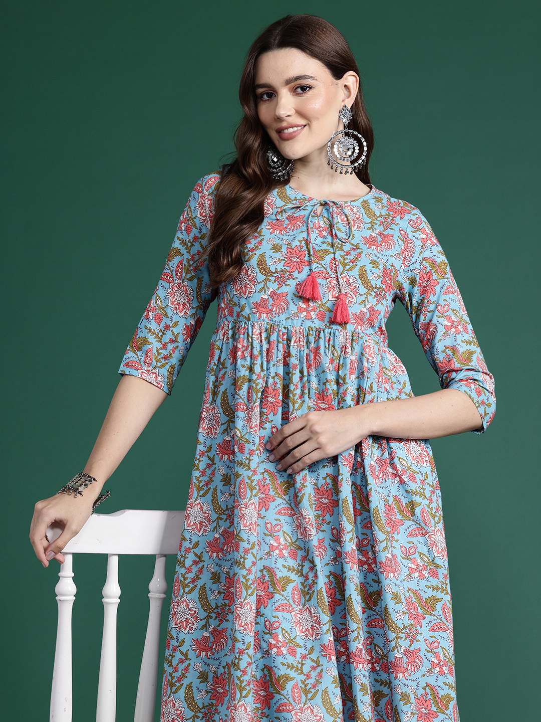 

Sangria Floral Printed Floral Anarkali Pure Cotton Kurta, Blue