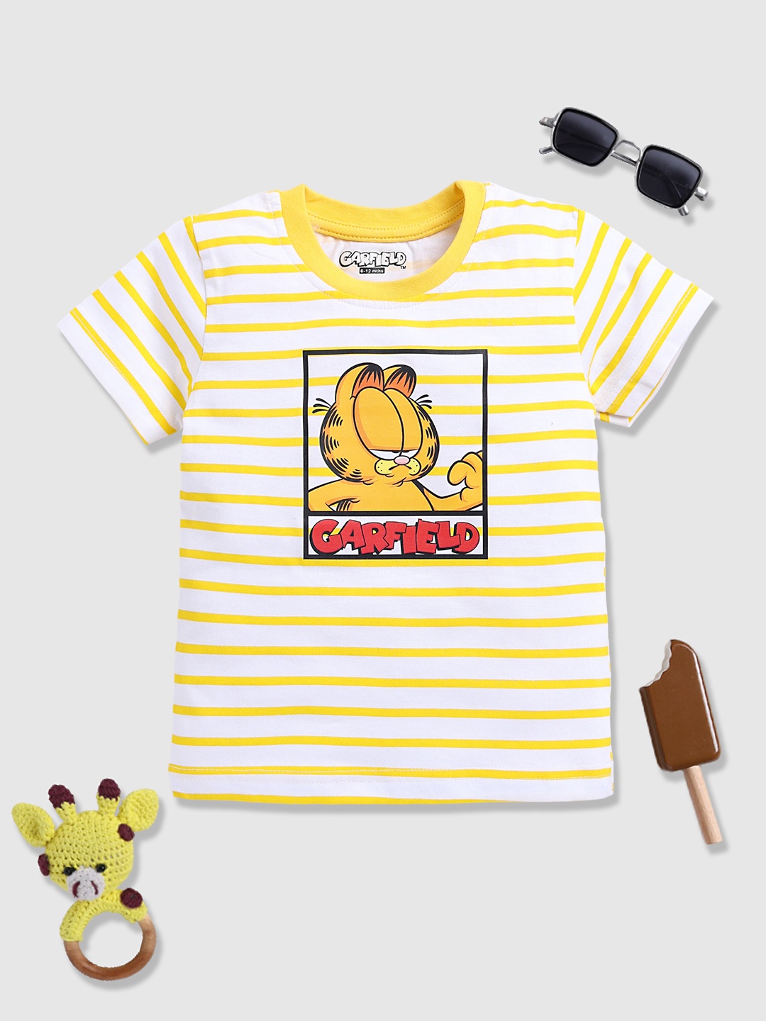 

YK X Minute Mirth Infant Boys Garfield Striped Pure Cotton T-shirt, Yellow