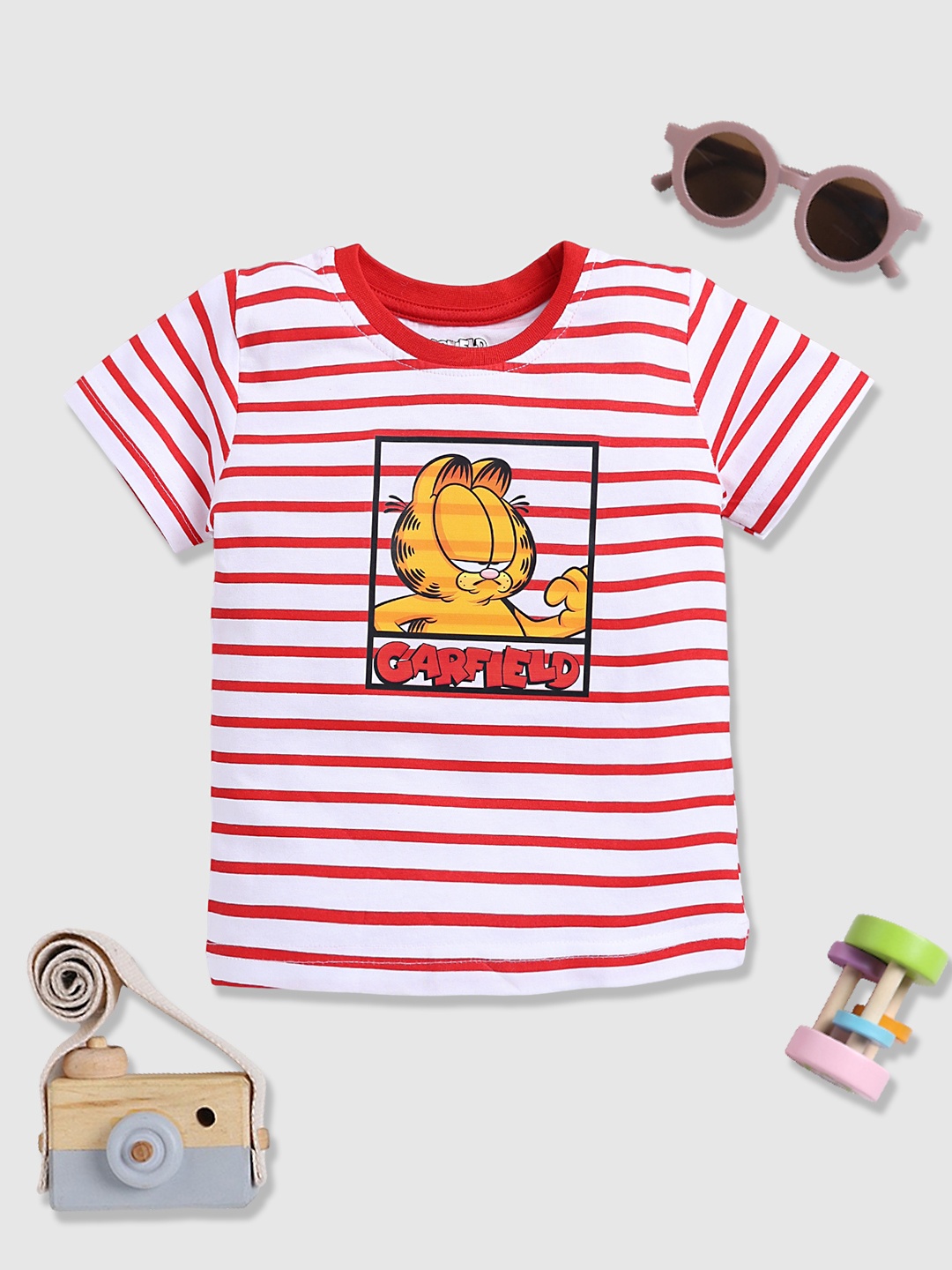 

YK X Minute Mirth Infant Boys Garfield Striped Pure Cotton T-shirt, Red