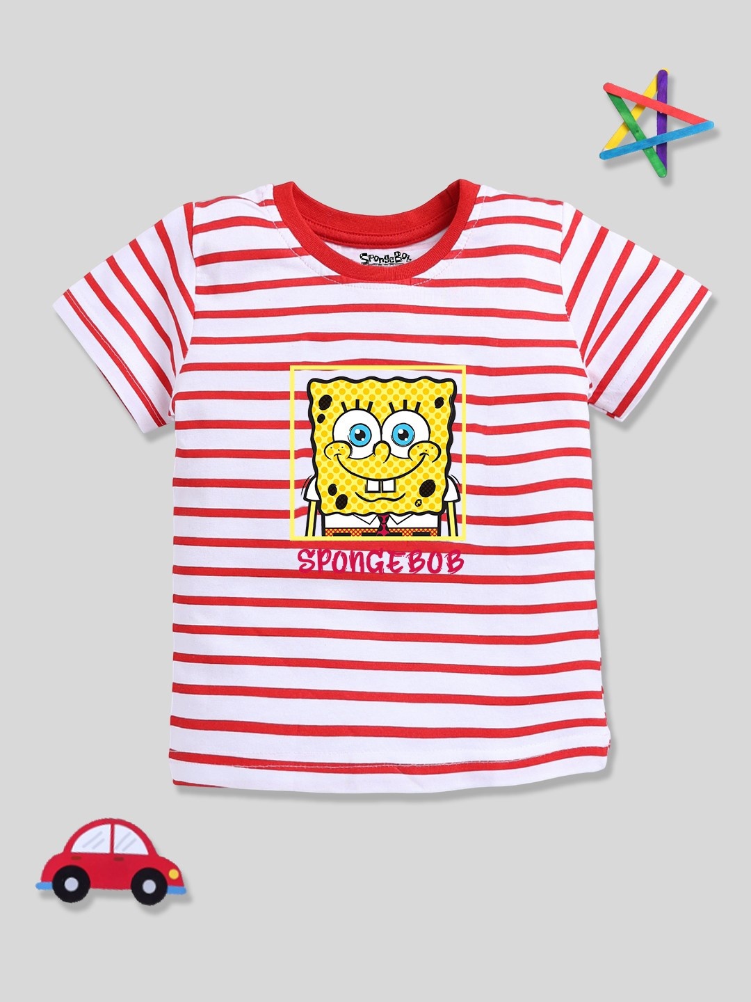 

YK X Minute Mirth Infant Boys Spongebob Striped Pure Cotton T-shirt, Red