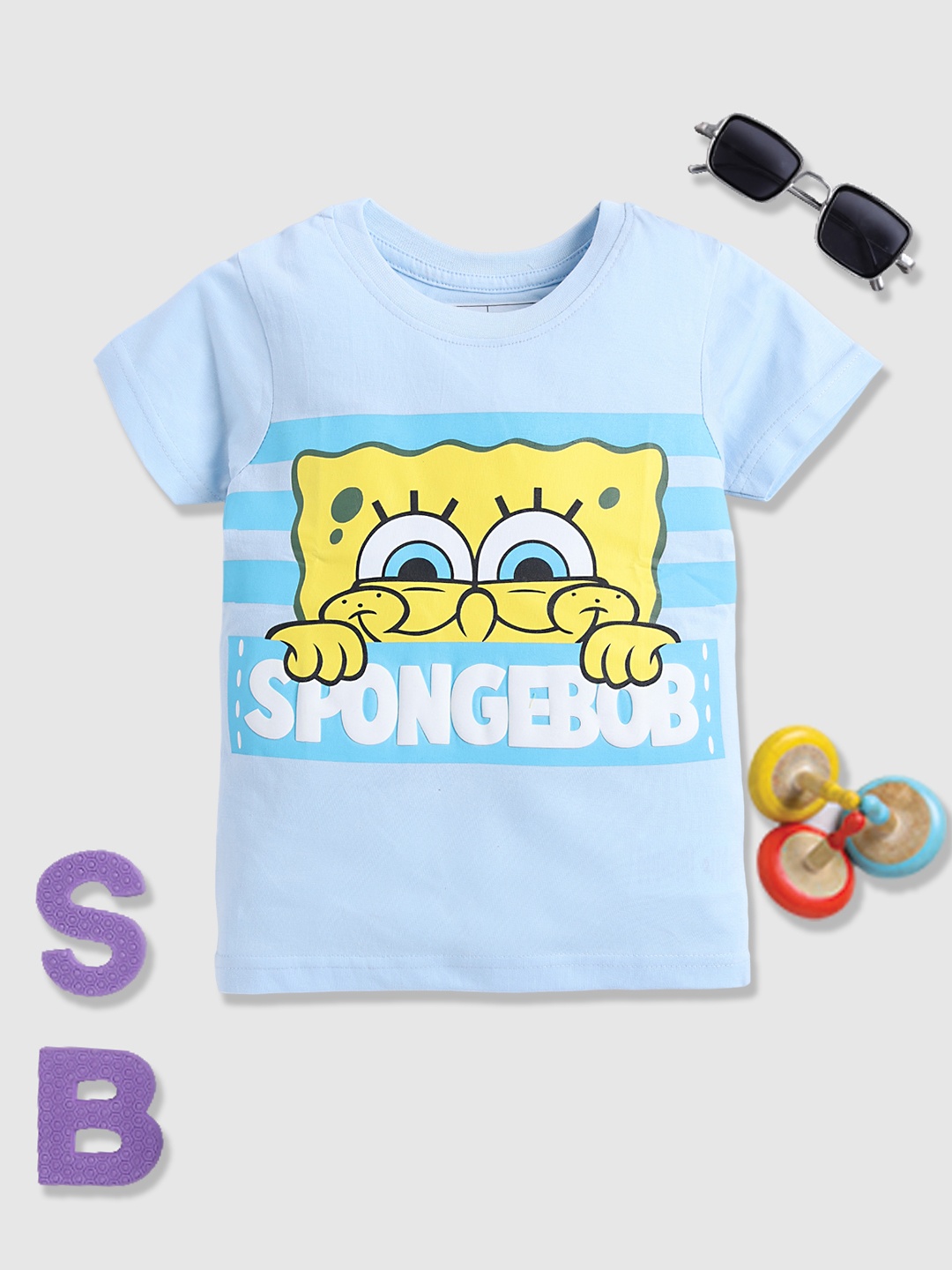 

YK X Minute Mirth Boys Spongebob Printed Pure Cotton T-shirt, Blue