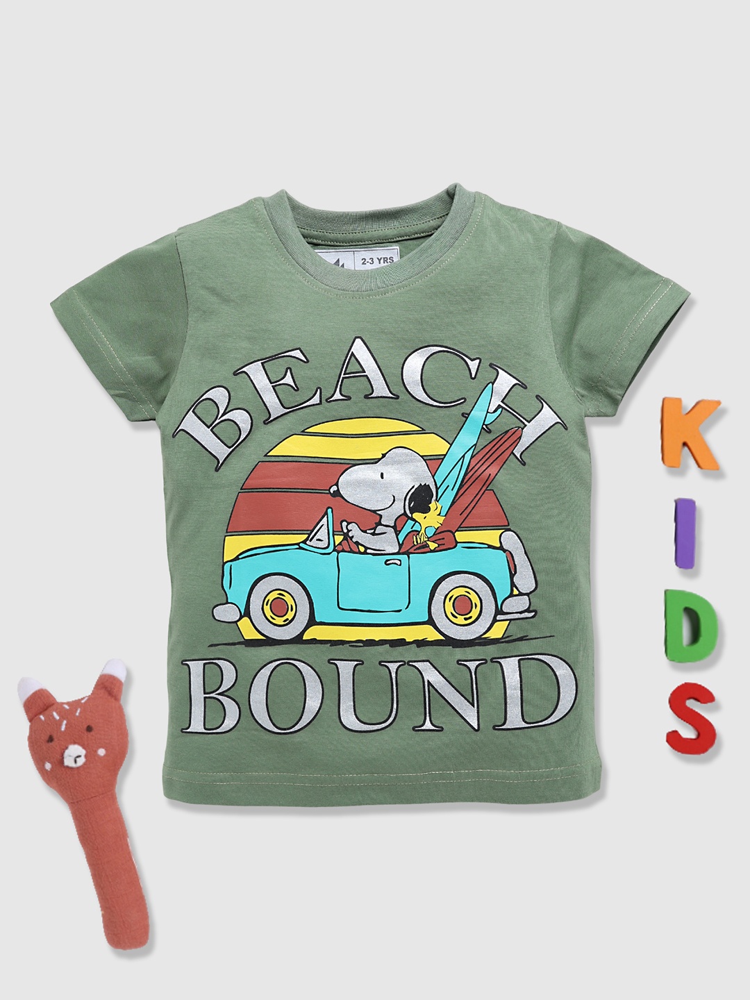 

YK X Minute Mirth Boys Peanuts Printed Pure Cotton T-shirt, Olive